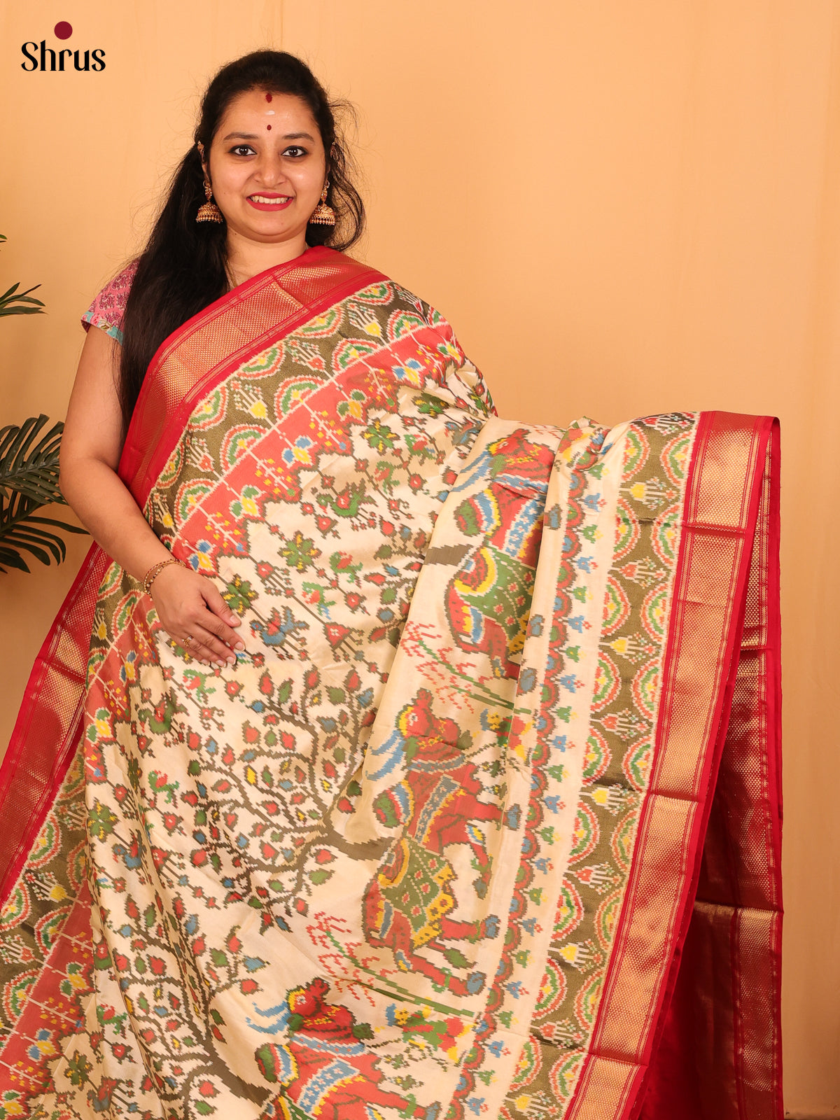 Cream & Red -  Ikkat Silk Saree