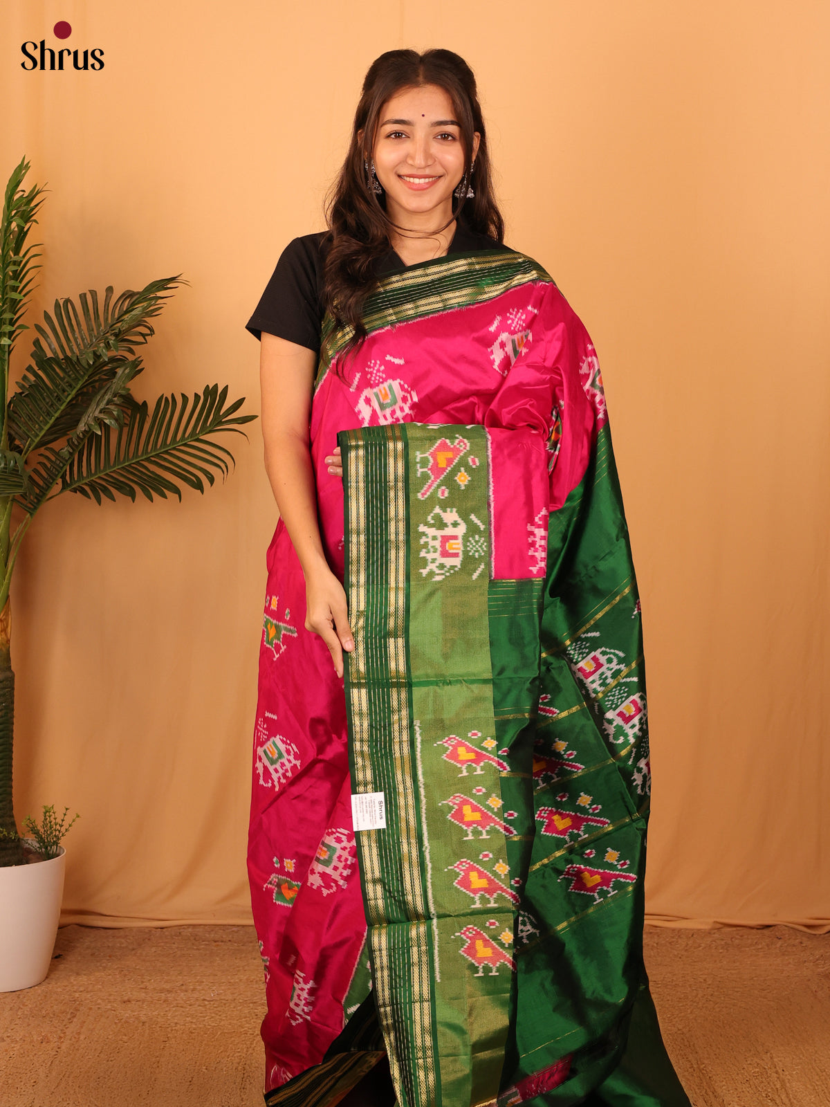 Reddish Pink & Green - Ikkat Silk Saree