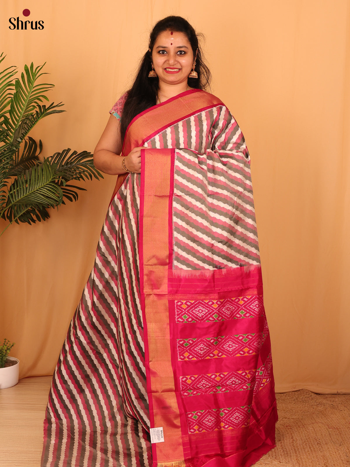 Cream & Maroon - Ikkat Silk Saree