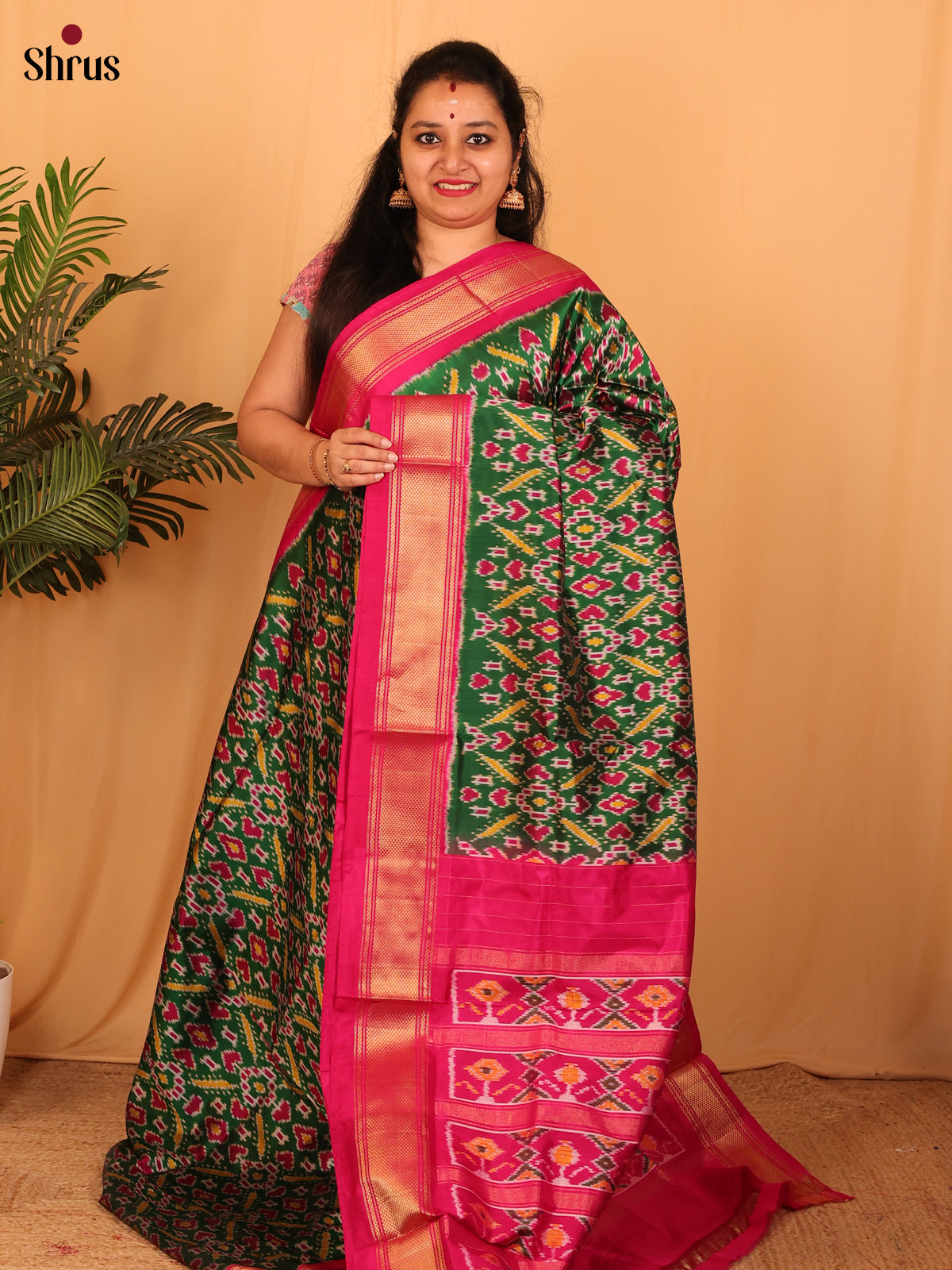 Green & Maroon - Ikkat Silk Saree