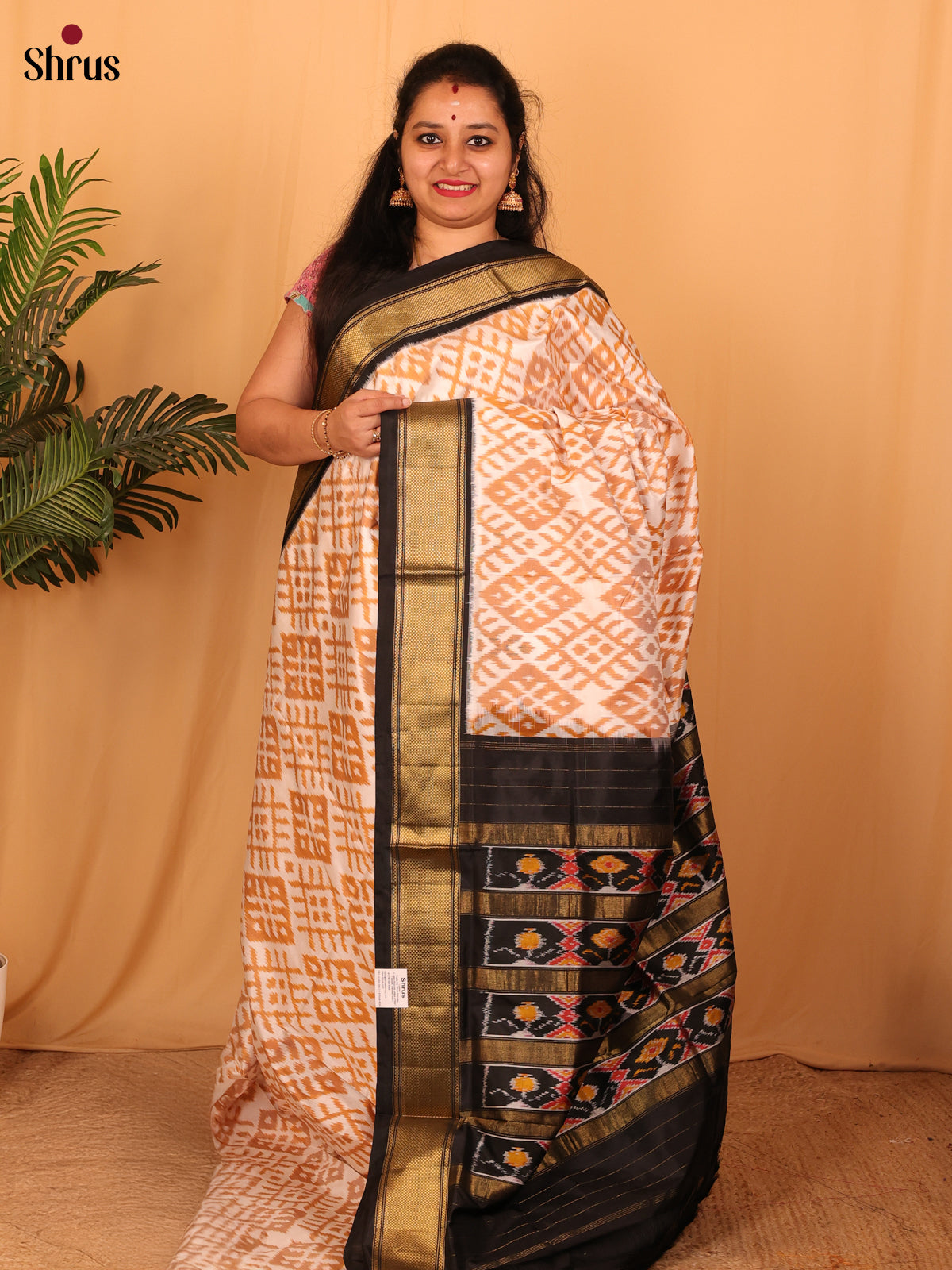 Cream & Black - Ikkat Silk Saree