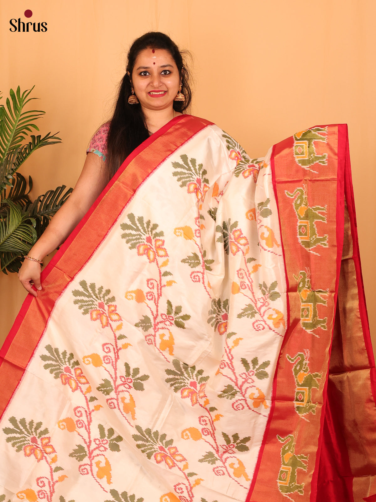 Cream & Red - Ikkat Silk Saree