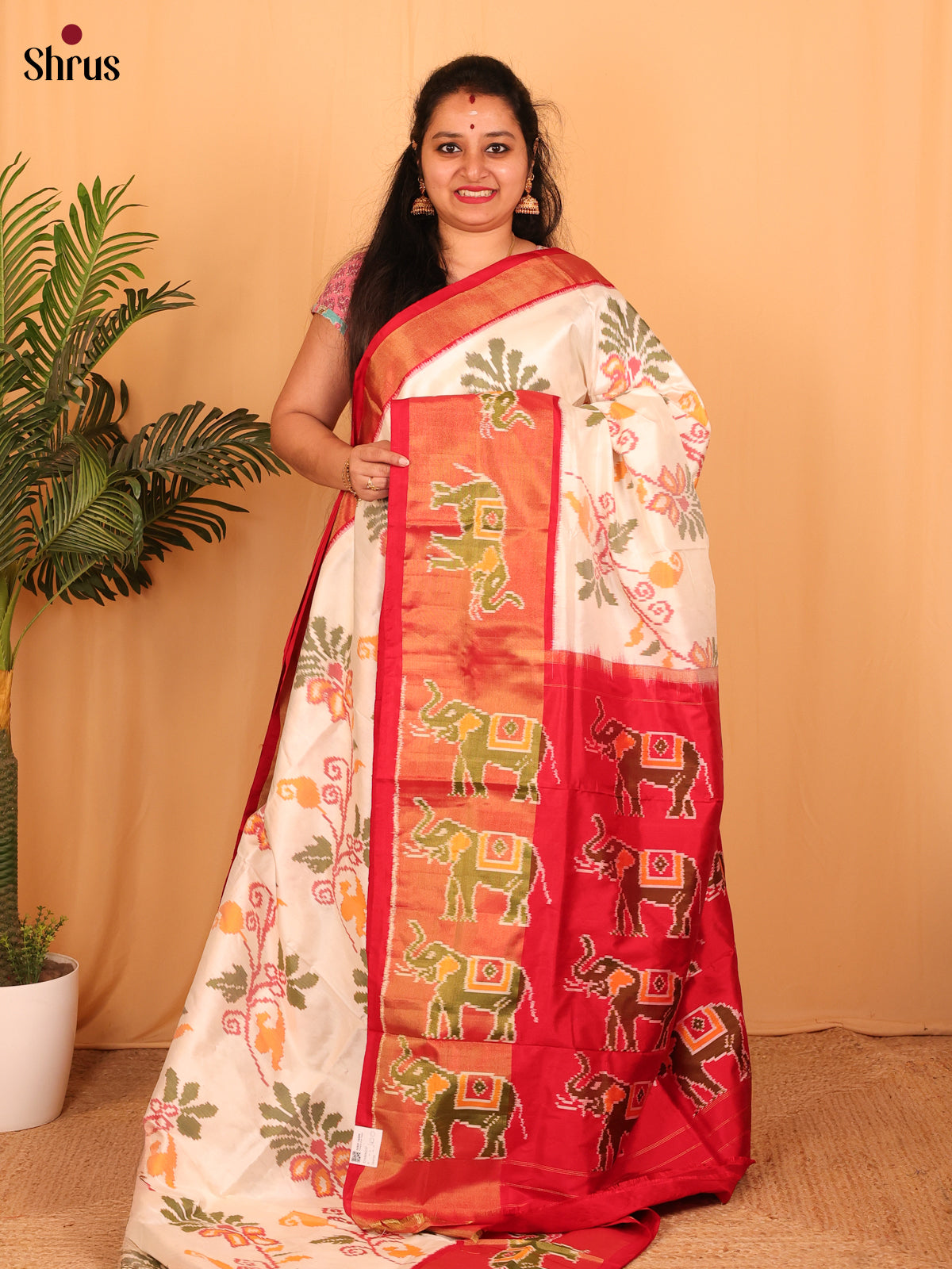 Cream & Red - Ikkat Silk Saree