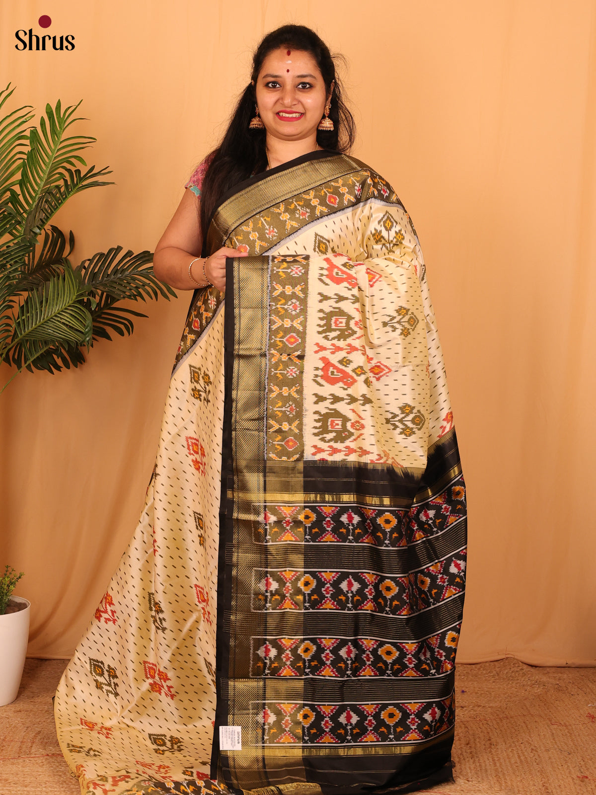 Cream & Black  - Ikkat Silk Saree