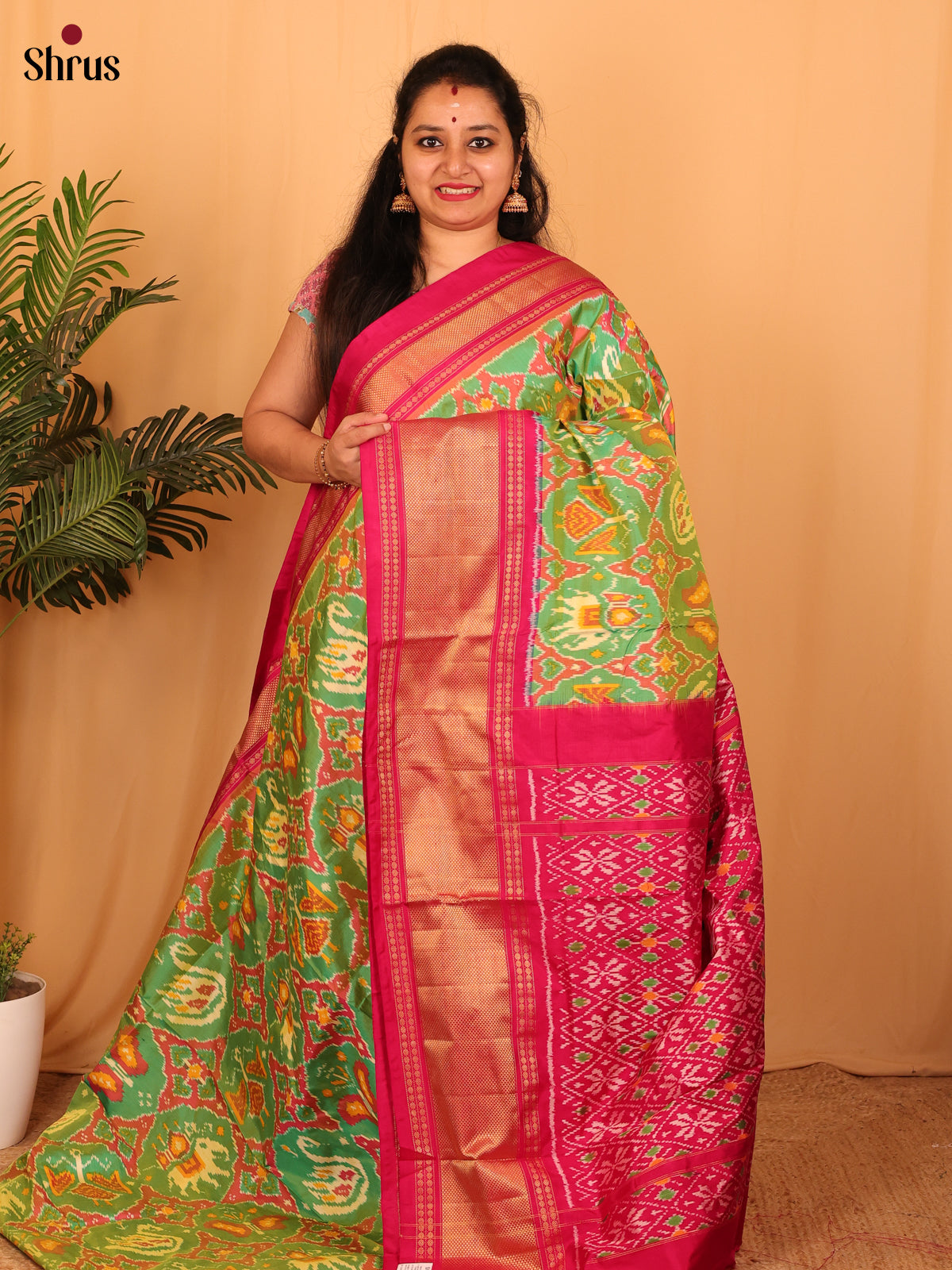 Green & Maroon - Ikkat Silk Saree