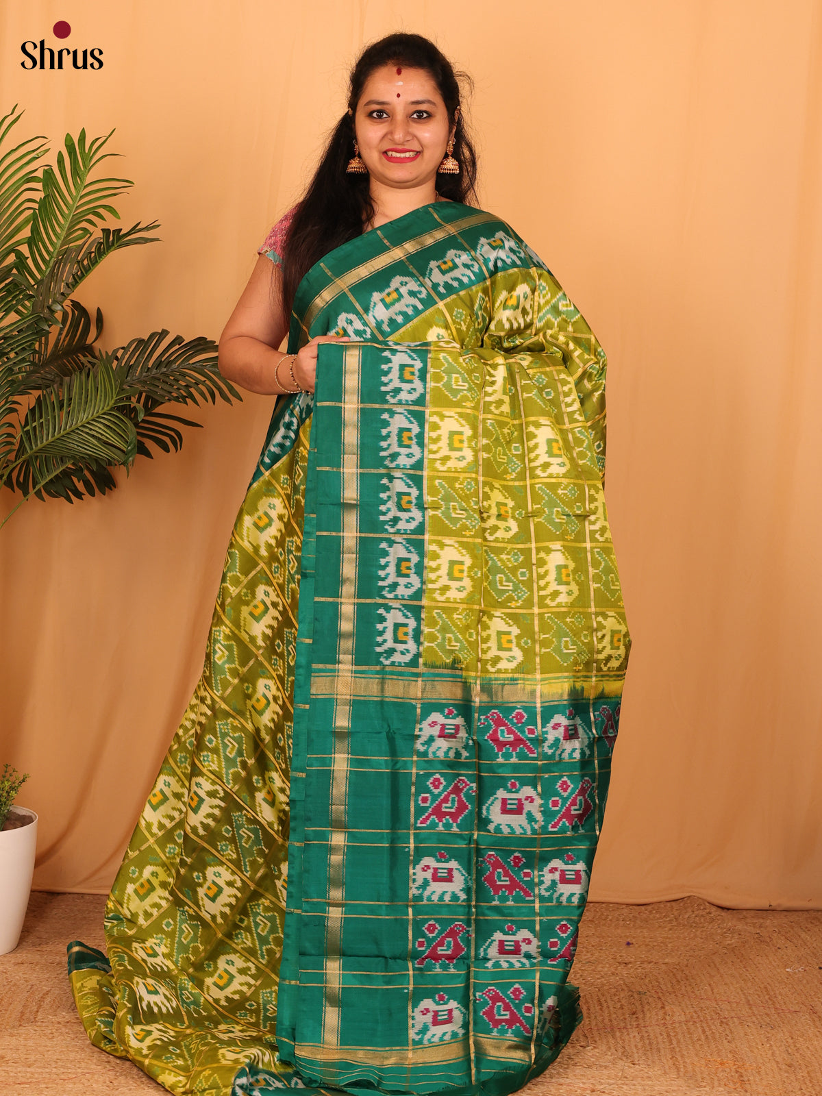 Leaf Green & Green-  Ikkat Silk Saree