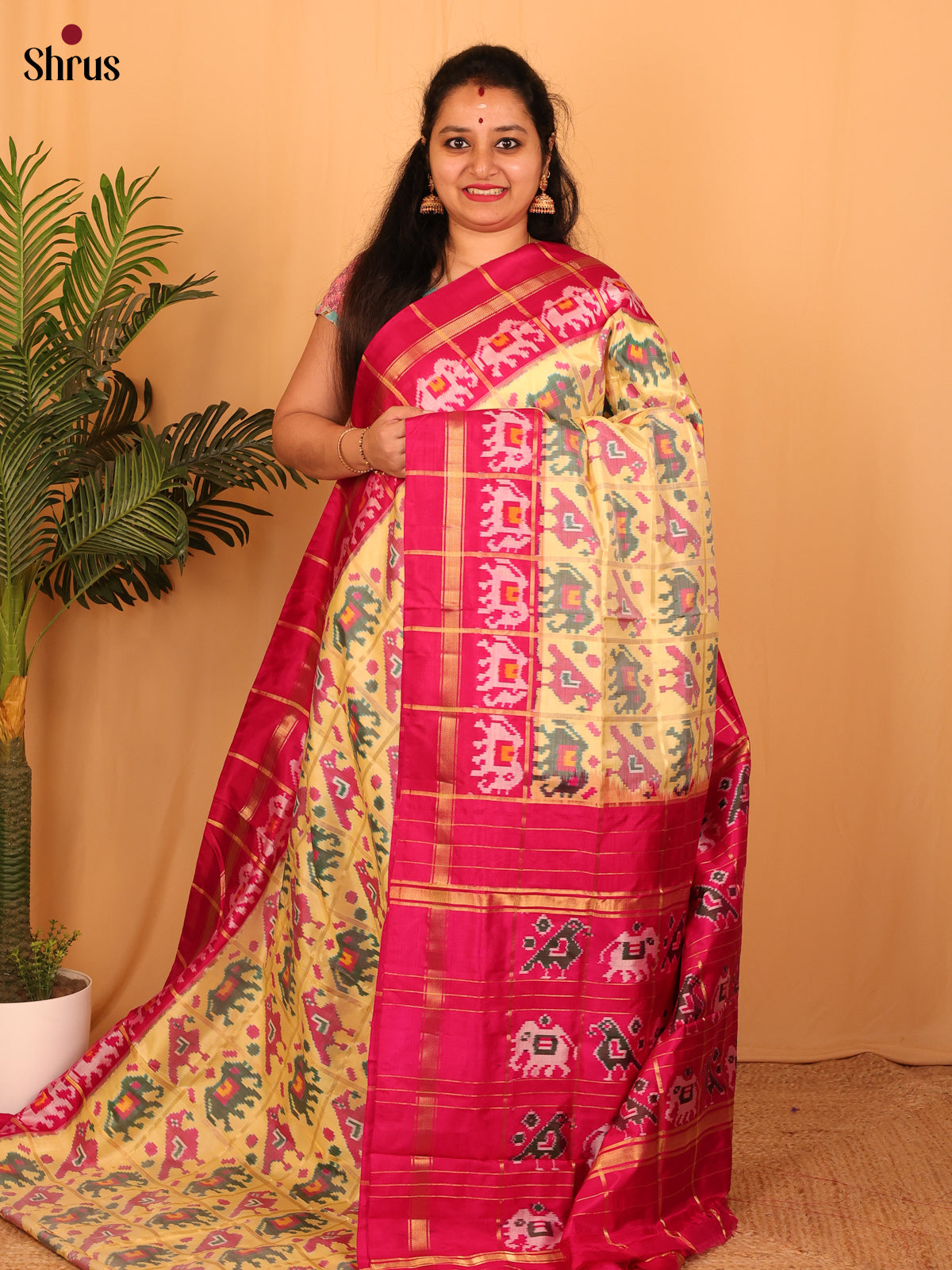 Lemon Yellow & Maron - Ikkat Silk Saree