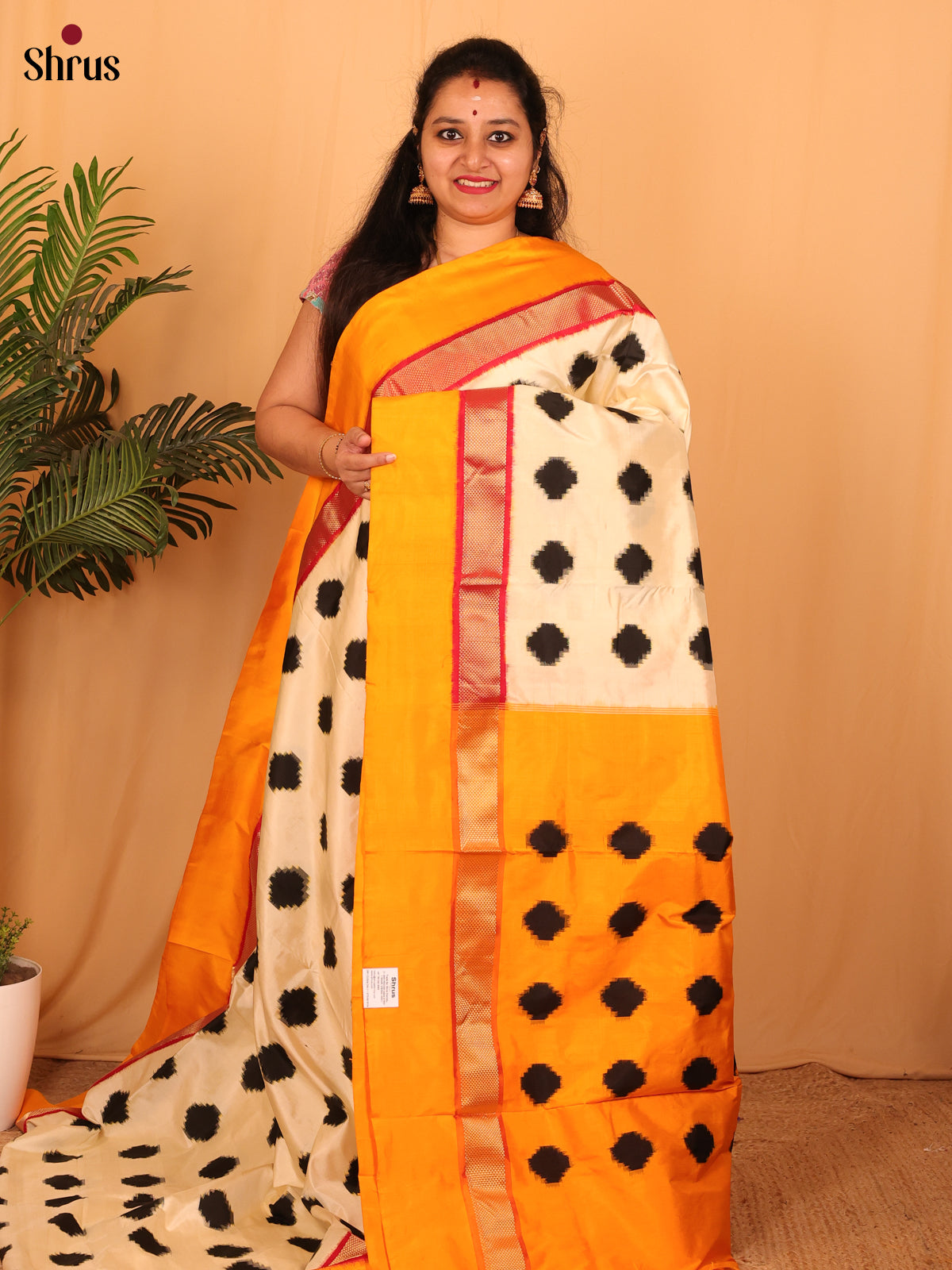 Cream & Mustard- Ikkat Silk Saree