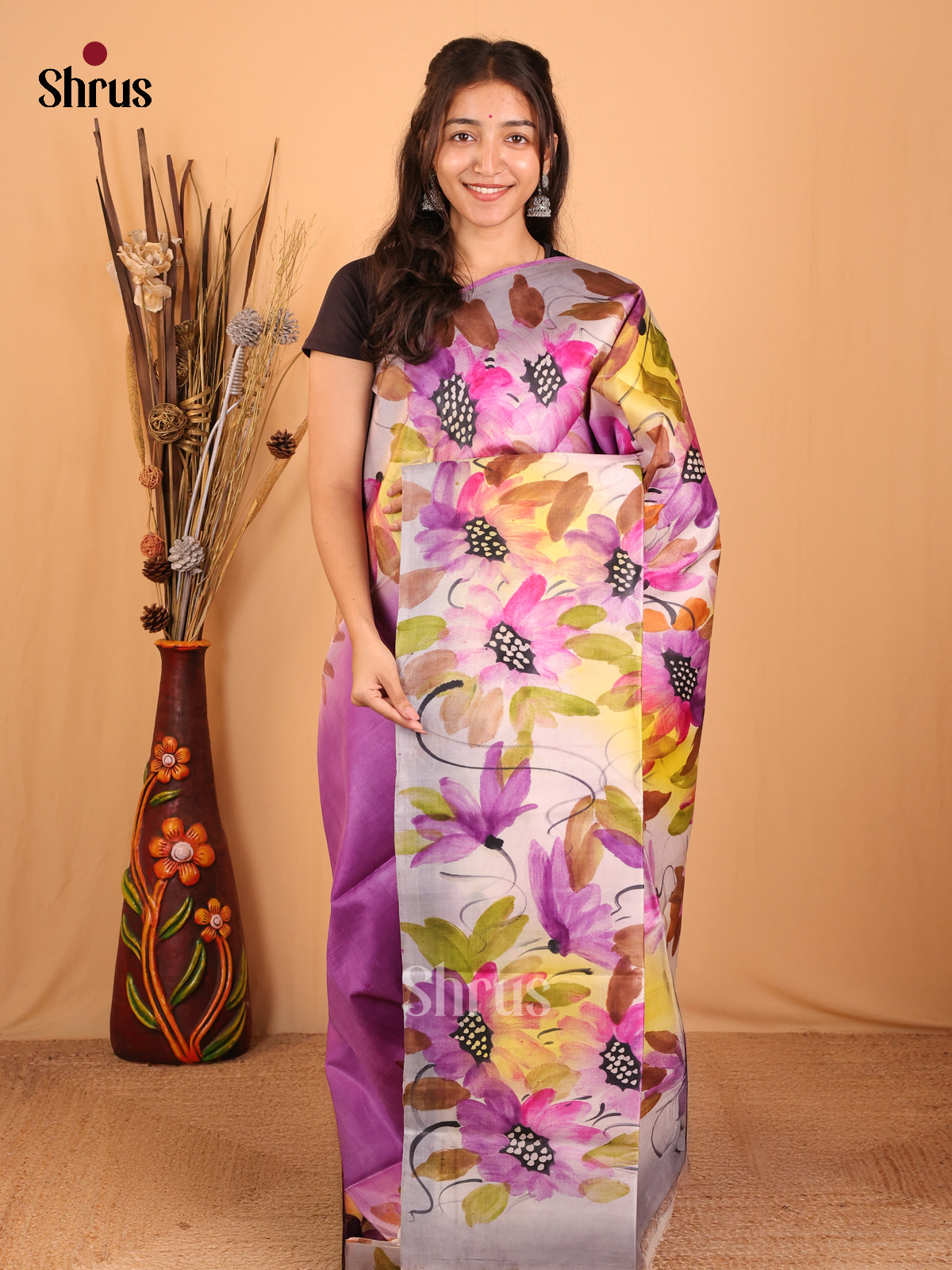 Purple & Lavender- Murshidabad Tussar Silk Saree - Shop on Shrus.com