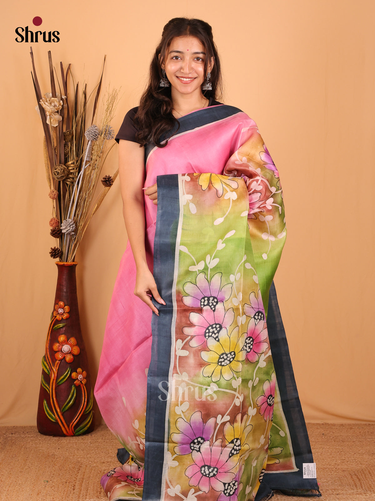 Pink & Green - Murshidabad Silk Saree - Shop on Shrus.com