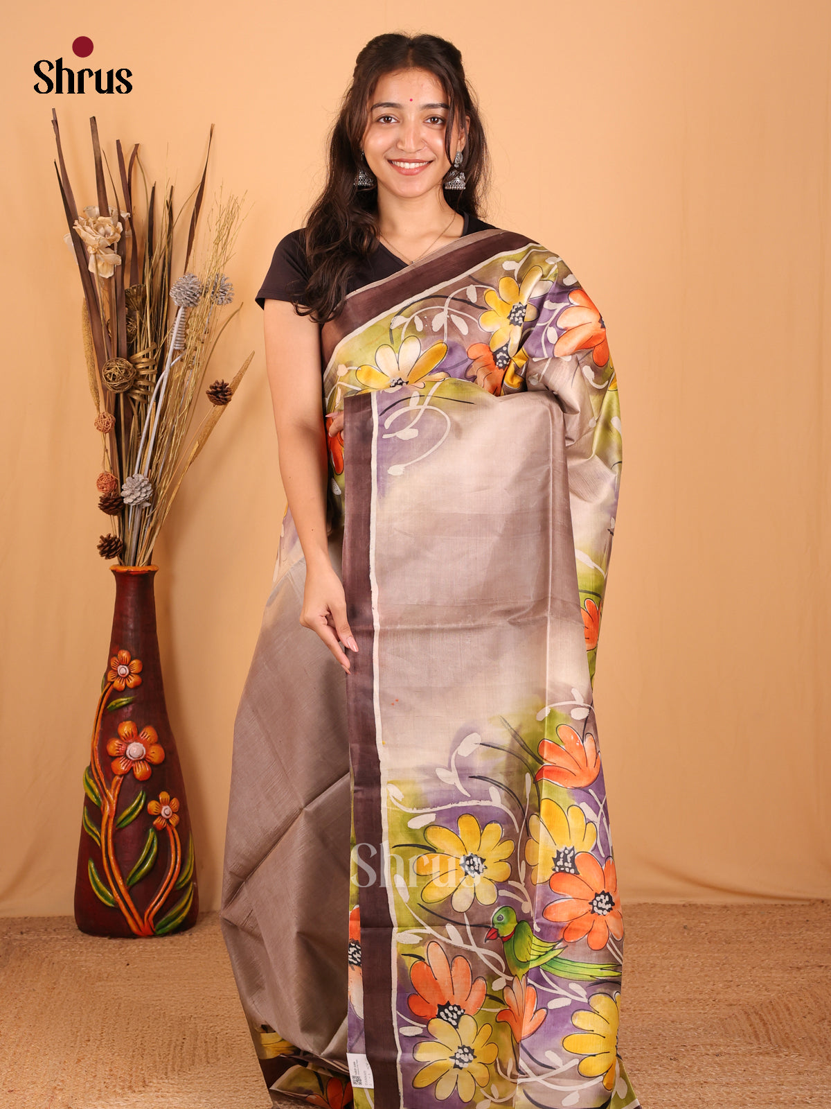 Dusty Brown - Murshidabad Silk Saree - Shop on Shrus.com
