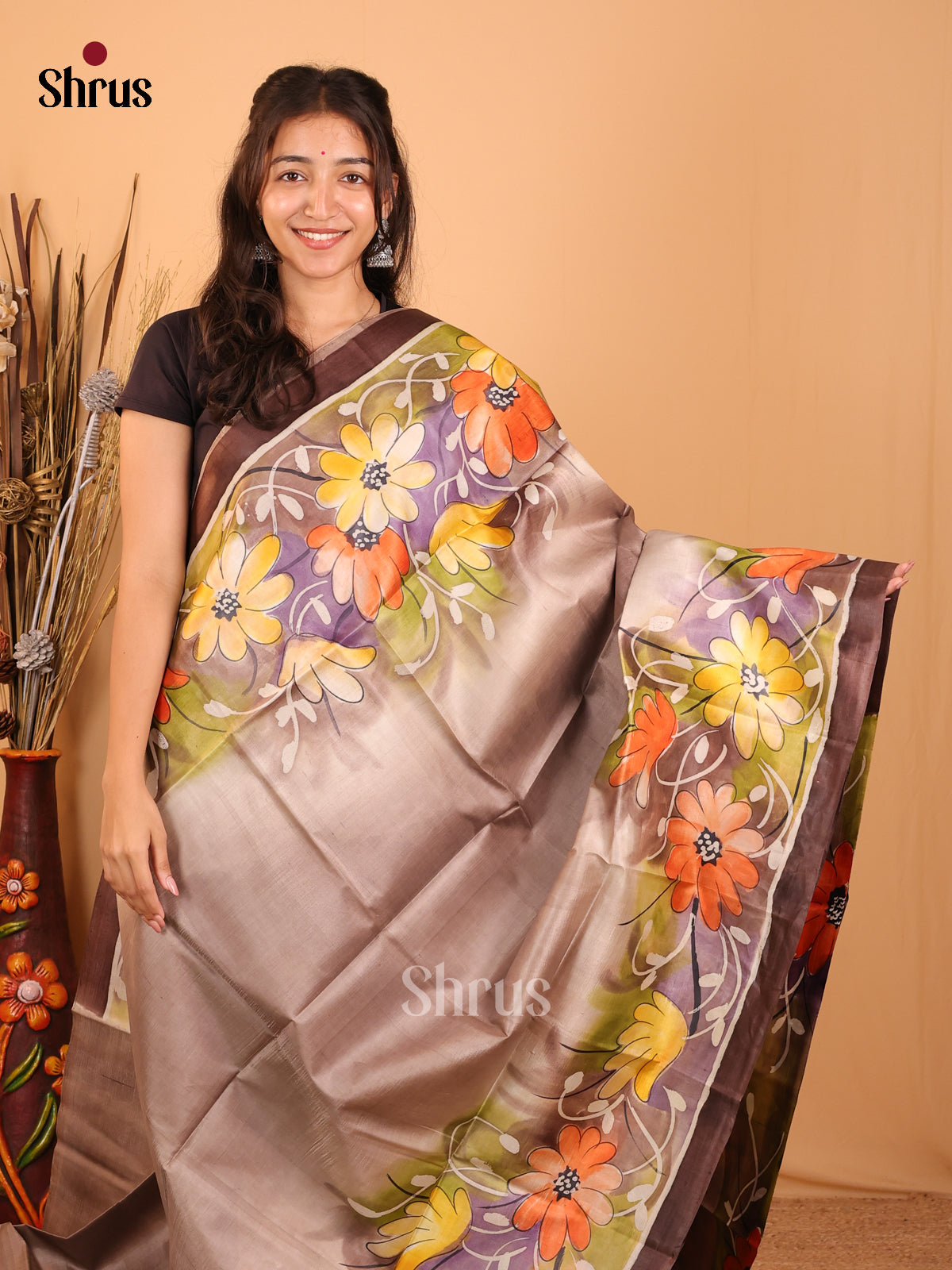 Dusty Brown - Murshidabad Silk Saree - Shop on Shrus.com