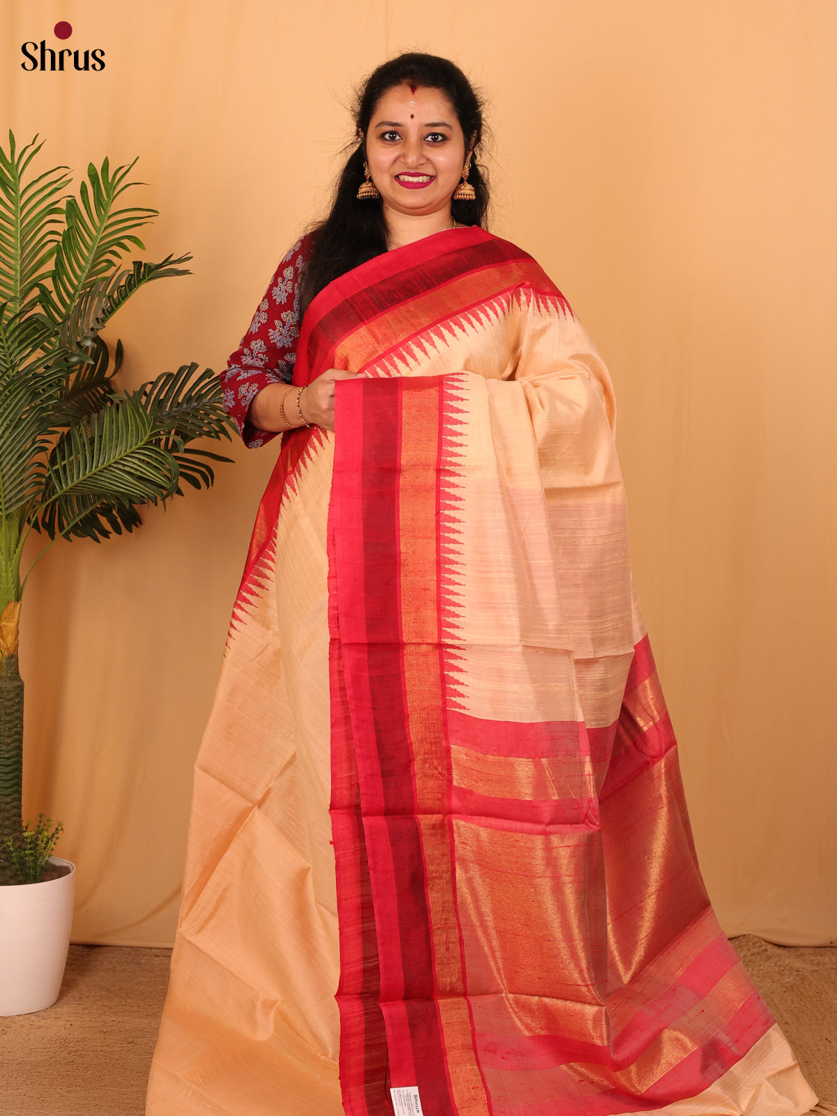 Peach & Red - Raw Silk Saree