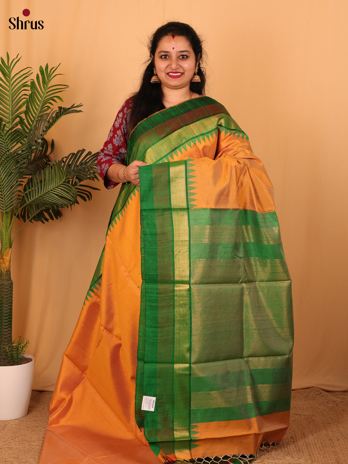 Orange & Green - Raw Silk Saree