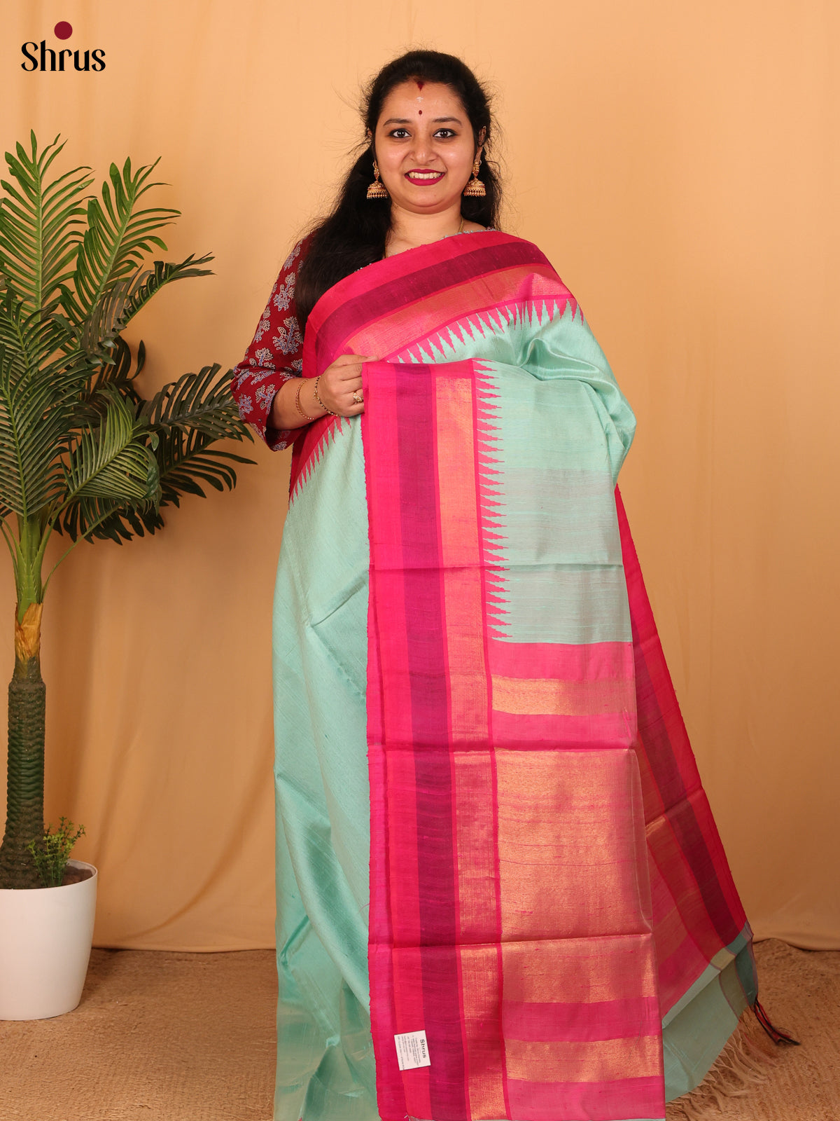 Teal Green & Pink - Raw Silk Saree - Shop on Shrus.com