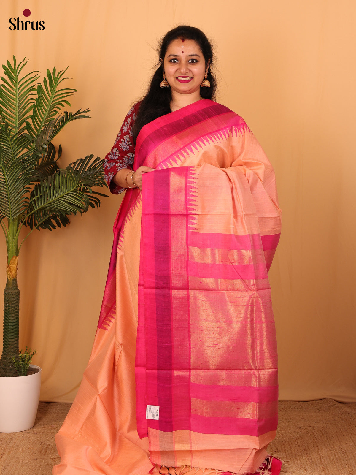 Peach & Pink - Raw Silk Saree - Shop on Shrus.com