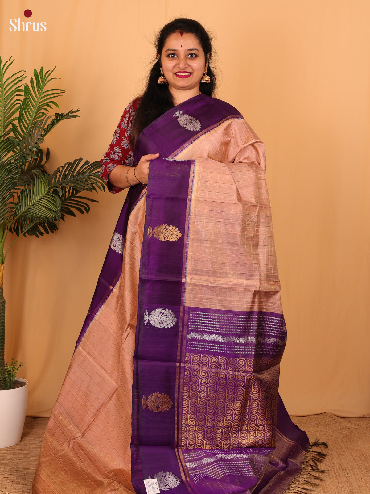 Dusty Brown &  Violet - Raw Silk Saree - Shop on Shrus.com