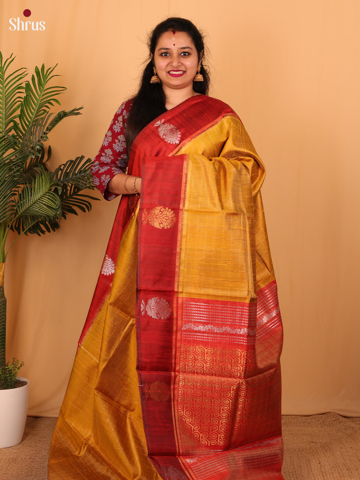 Mustard & Red- Raw Silk Saree