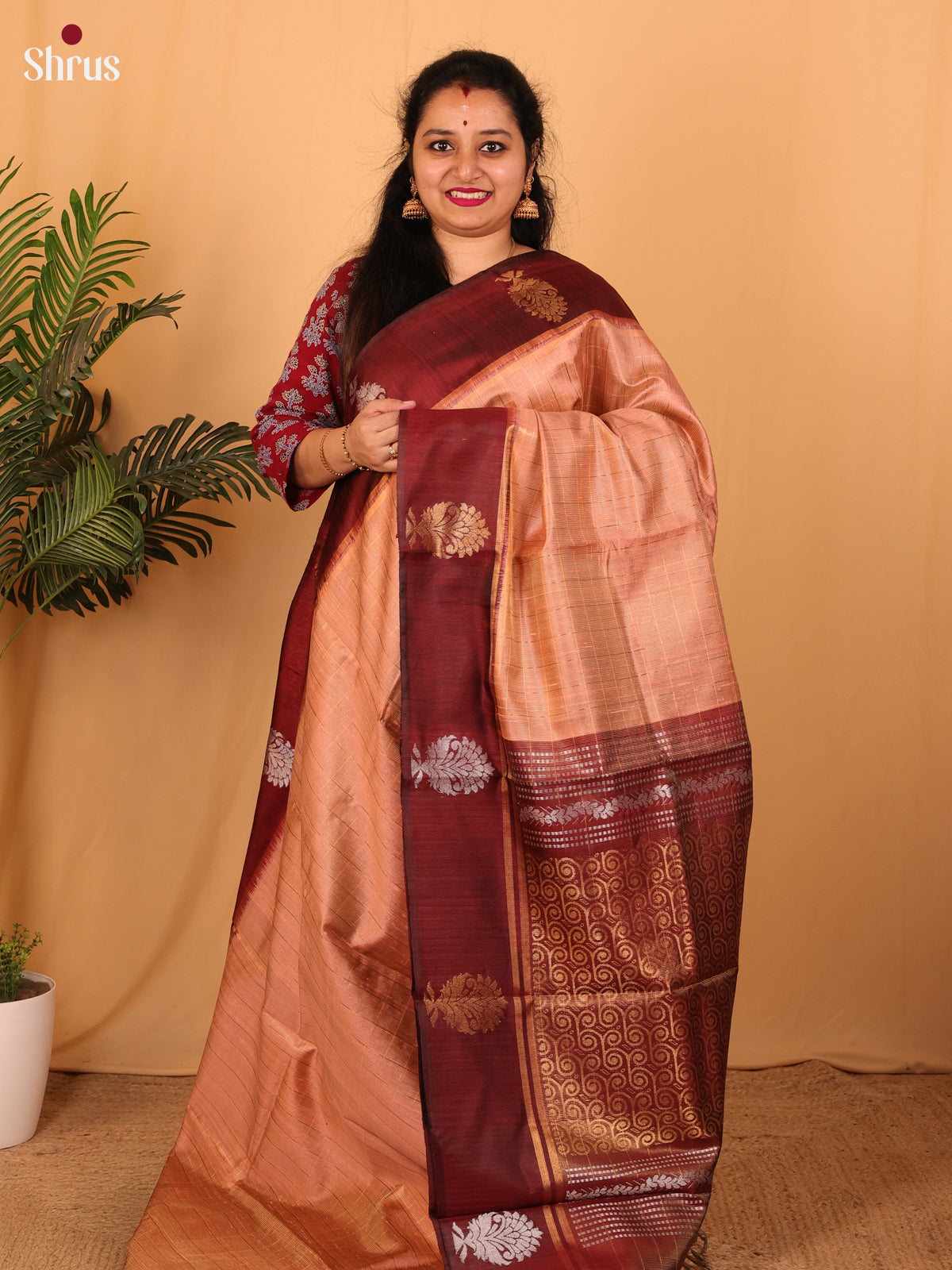 Peach & Brown - Raw Silk Saree