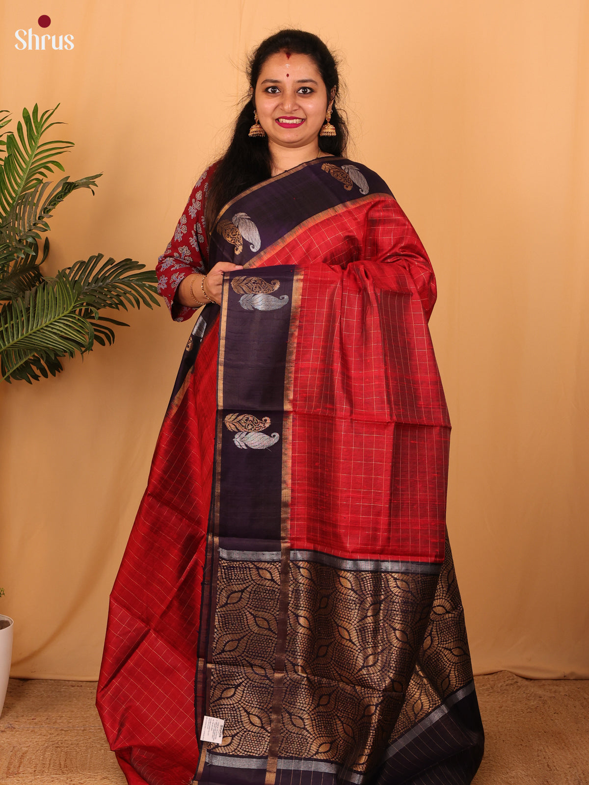Red & Violet- Raw Silk Saree - Shop on Shrus.com