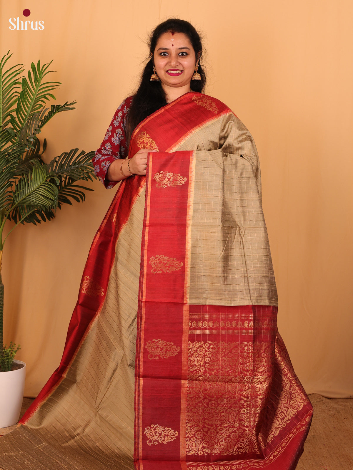 Grey & Red - Raw Silk Saree