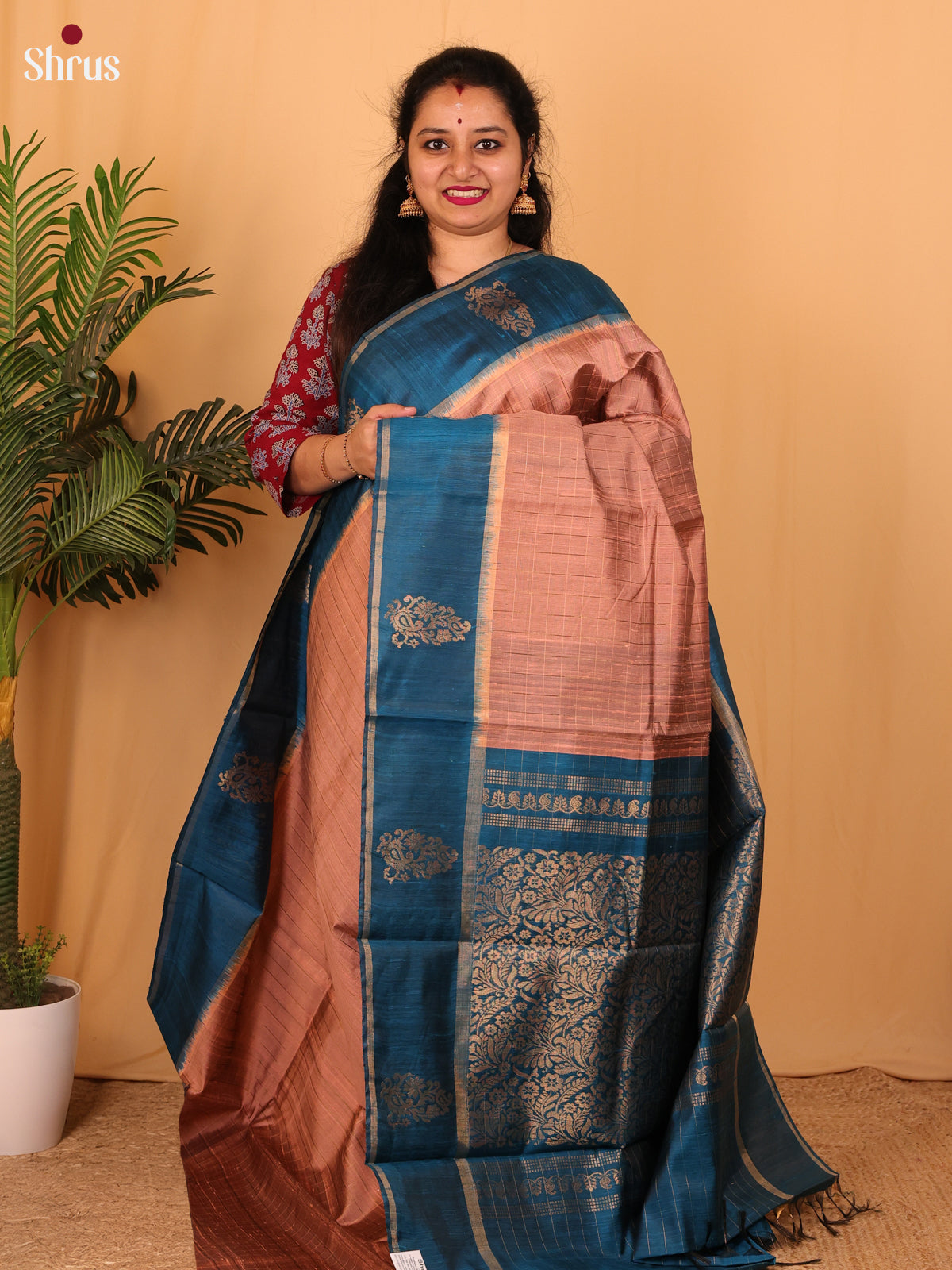 Brown & Blue - Raw Silk Saree - Shop on Shrus.com