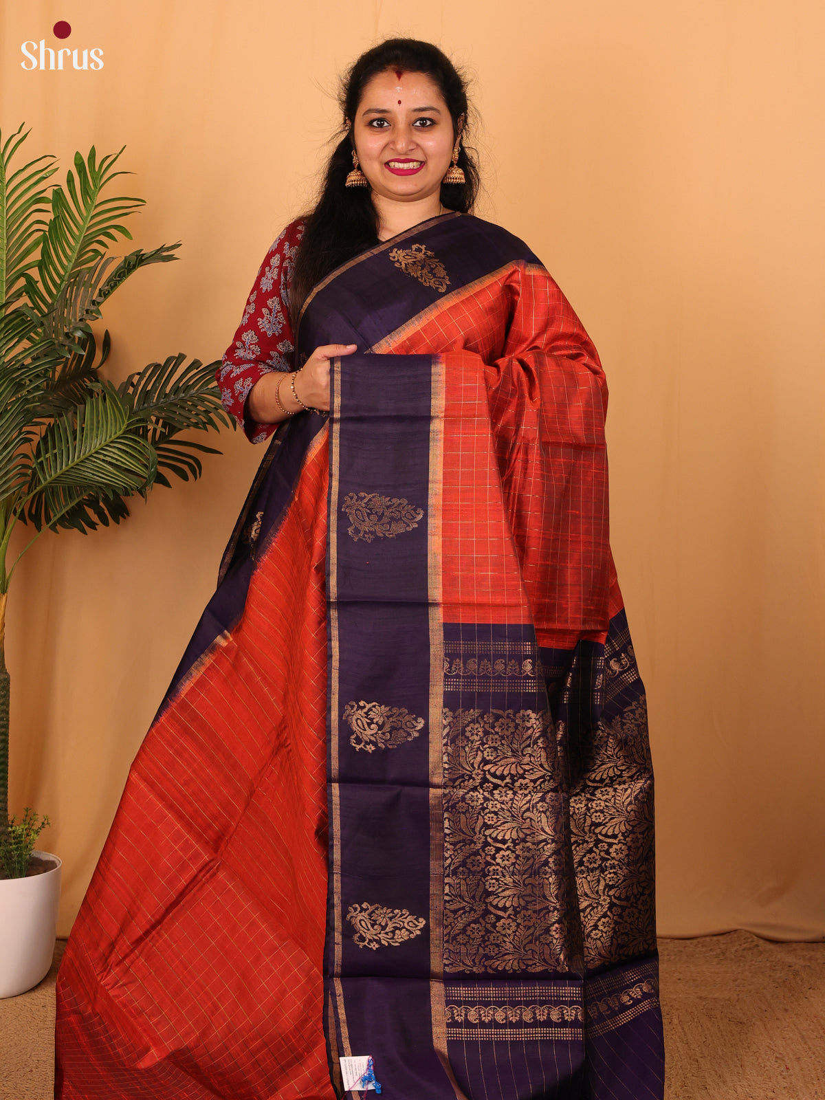 Red & Blue - Raw Silk Saree - Shop on Shrus.com