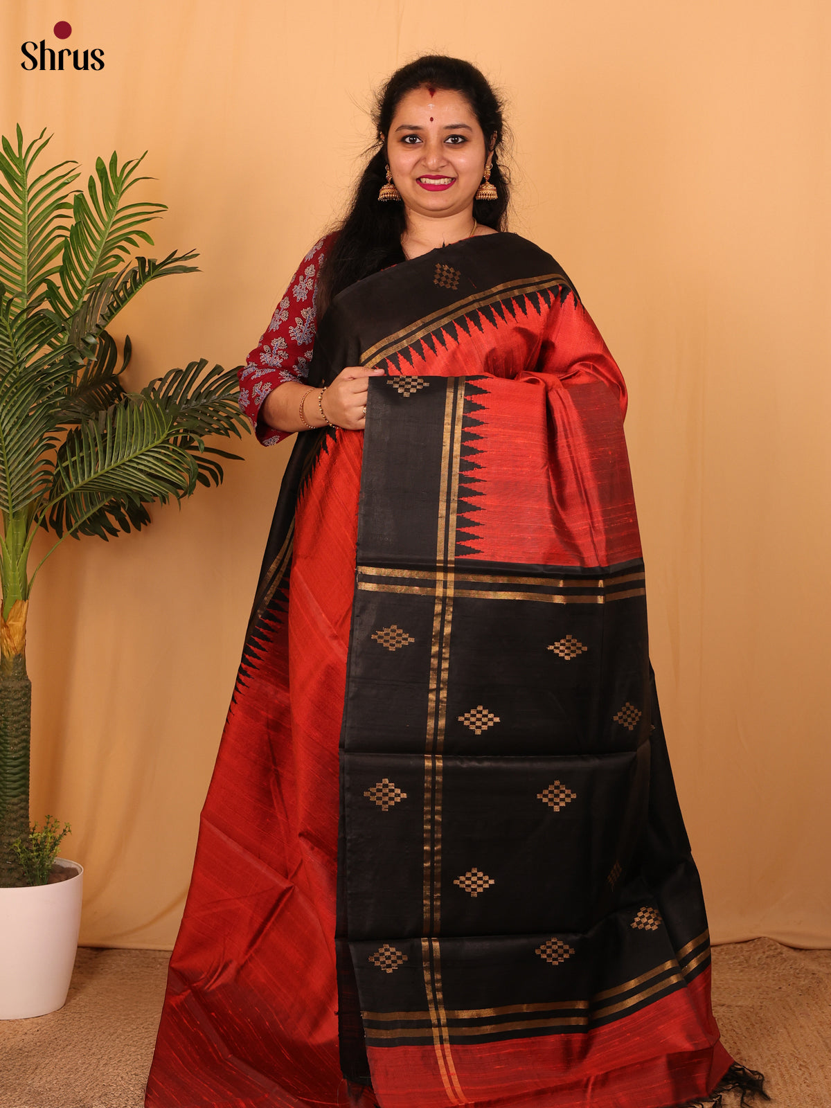 Red & Black - Raw Silk Saree - Shop on Shrus.com