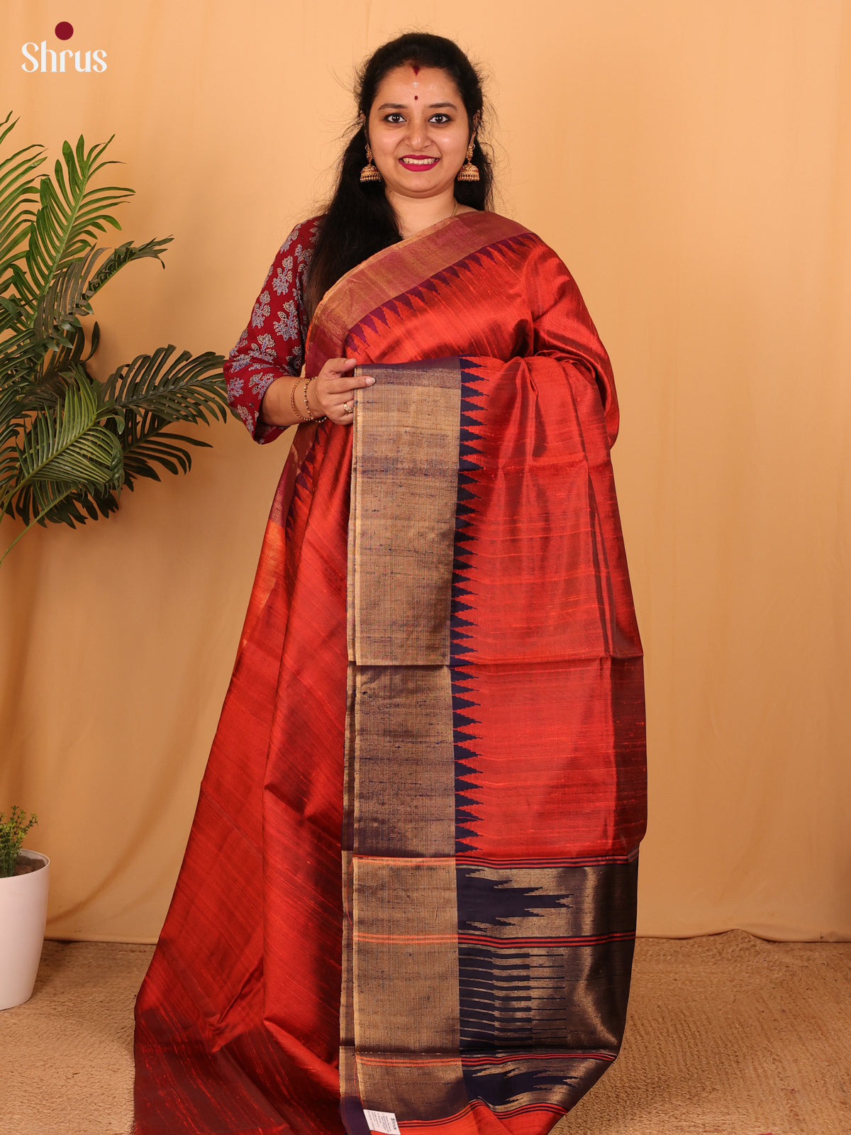 Red & Blue- Raw Silk Saree - Shop on Shrus.com