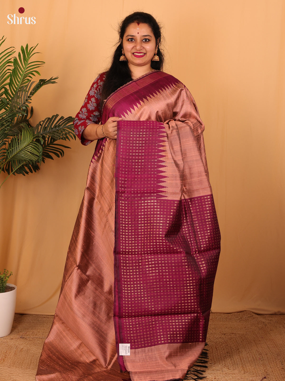 Brown & Wine - Raw Silk Saree