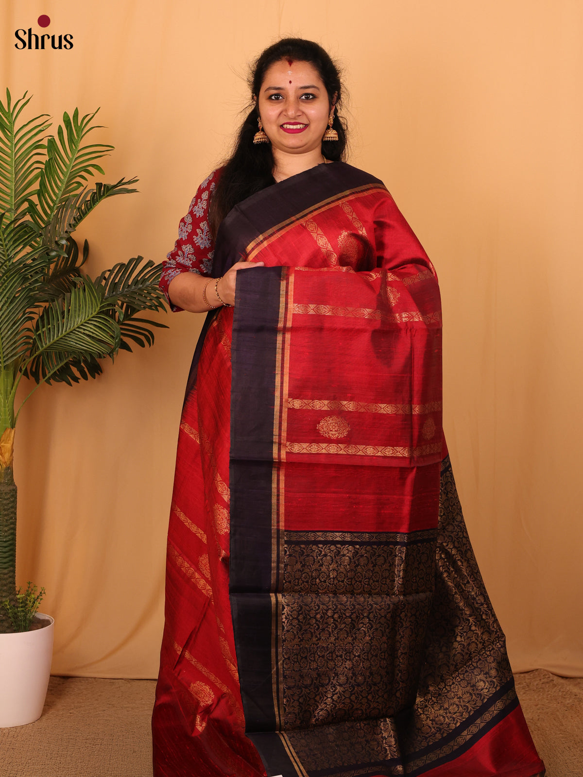 Maroon & Blue - Raw Silk Saree