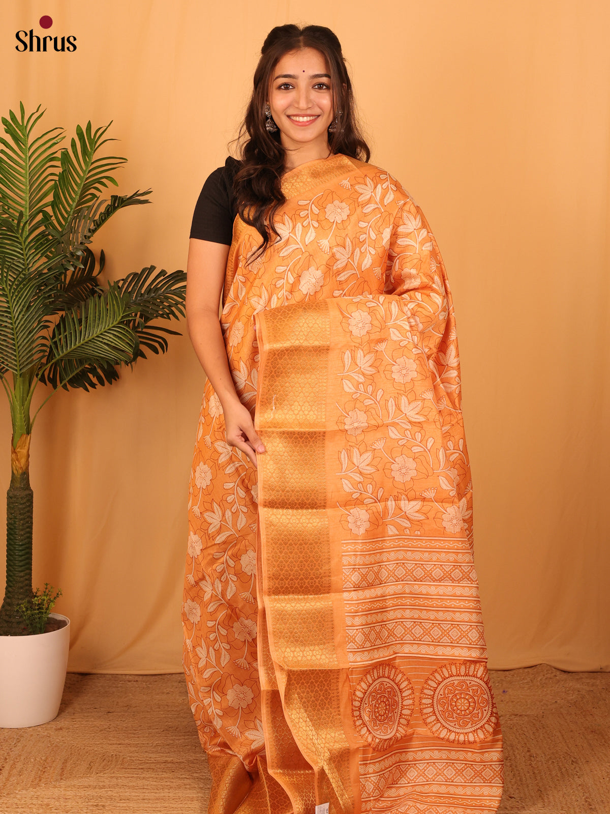 Orange - Semi Crepe Saree