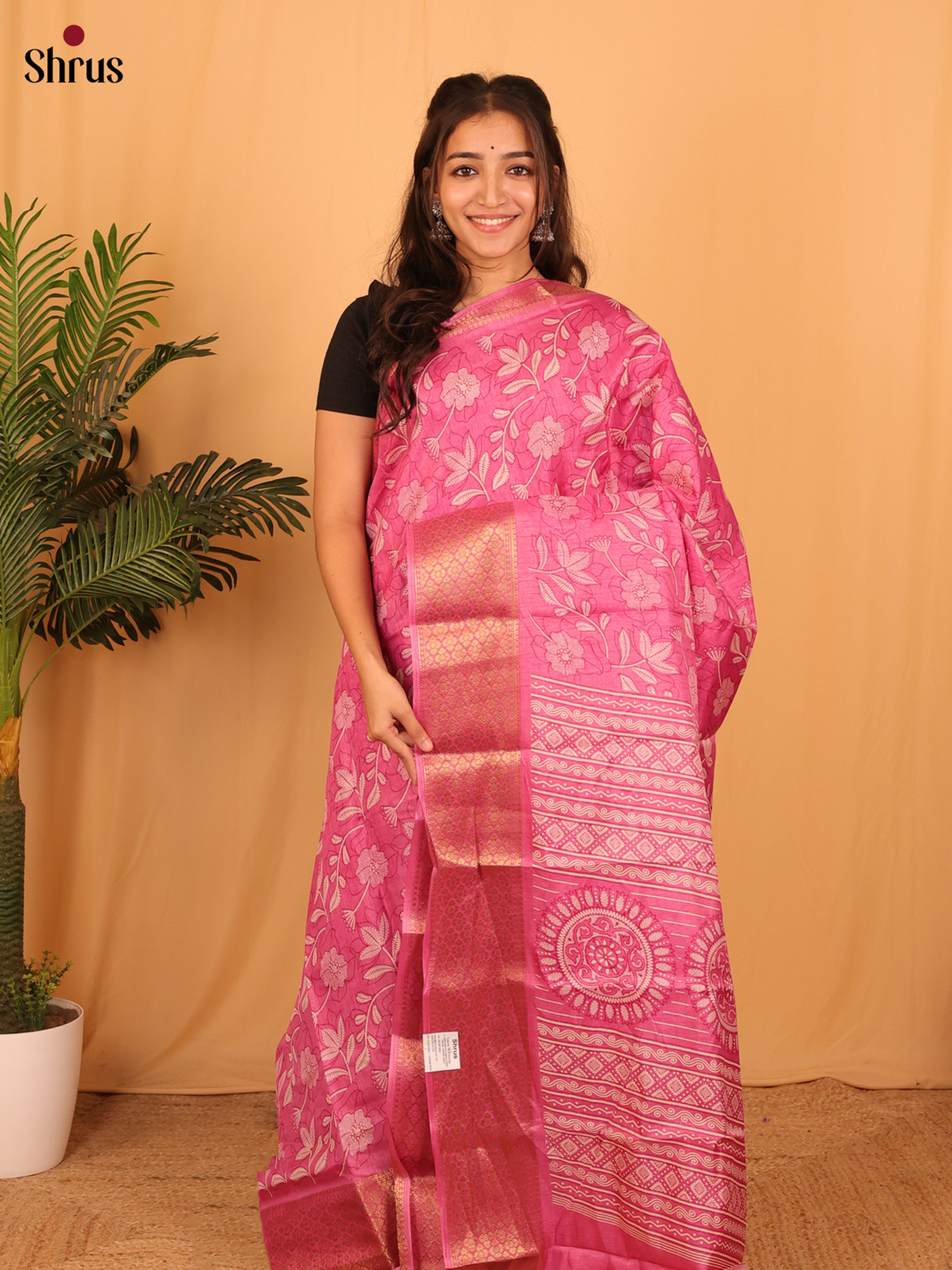 Pink - Semi Crepe Saree