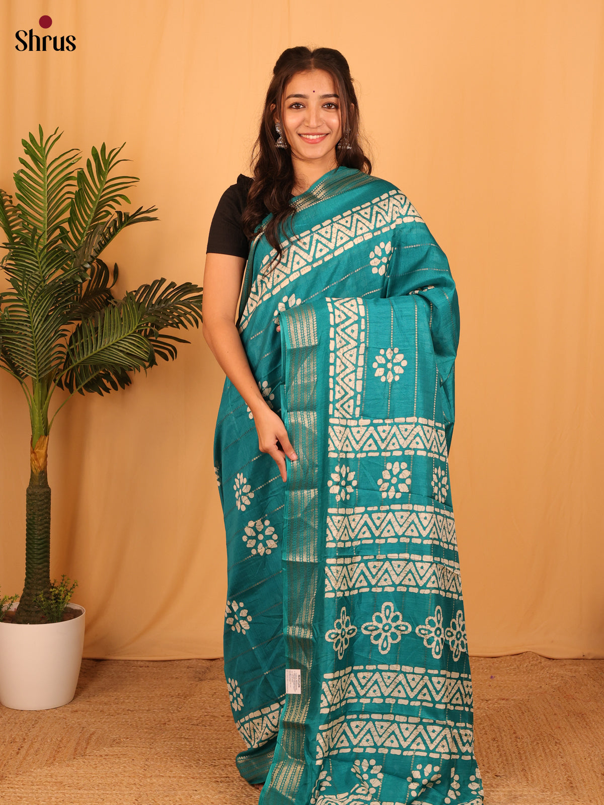 Teal - Semi Crepe Saree