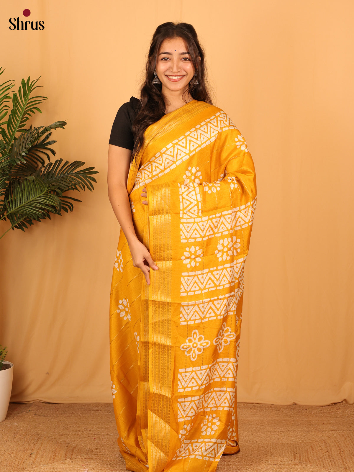 Mustard - Semi Crepe Saree