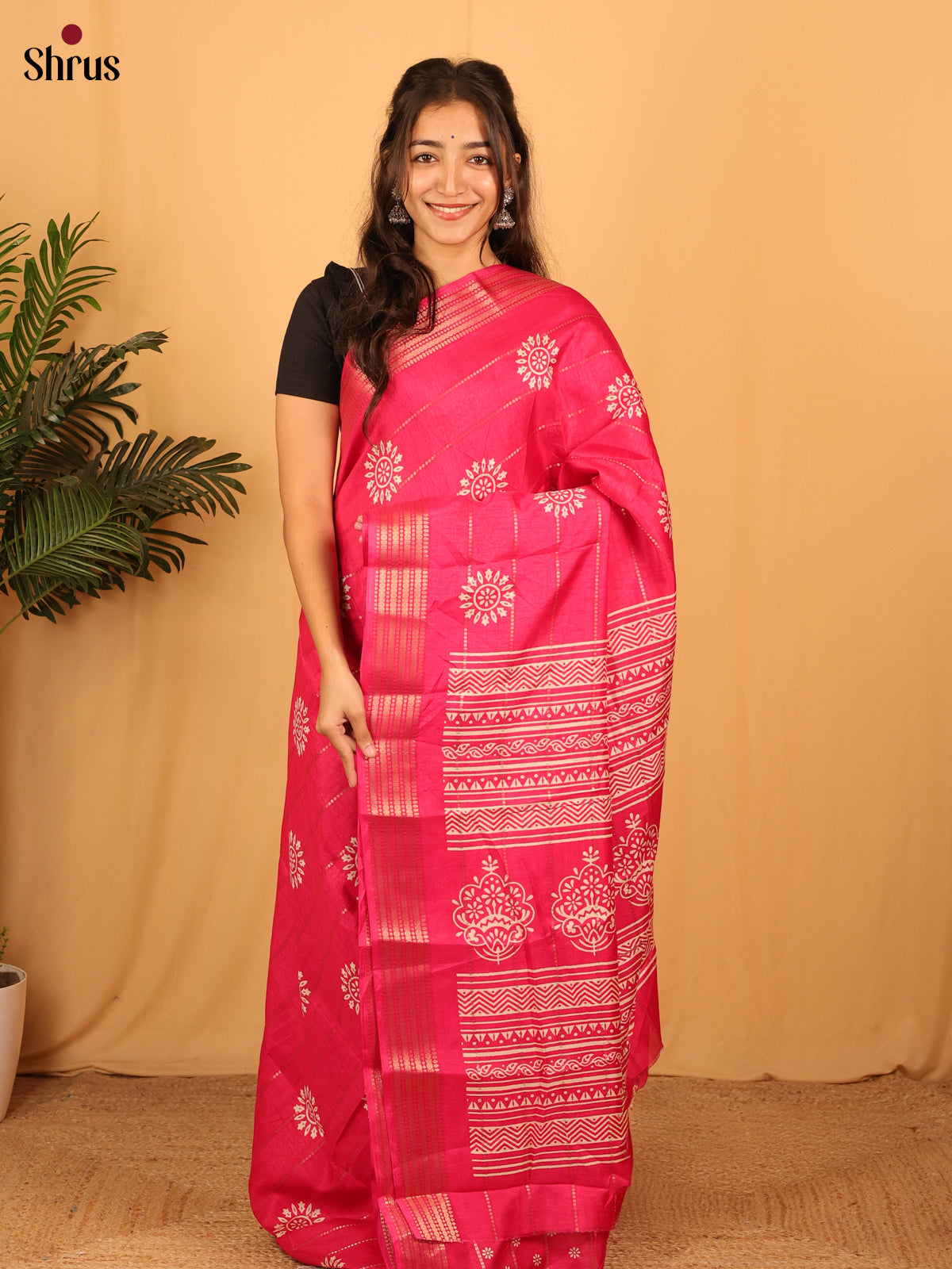 Pink - Semi Crepe Saree