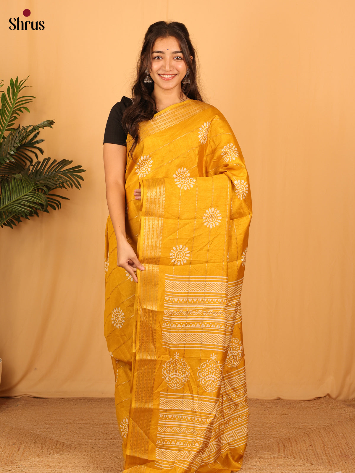 Mustard - Semi Crepe Saree