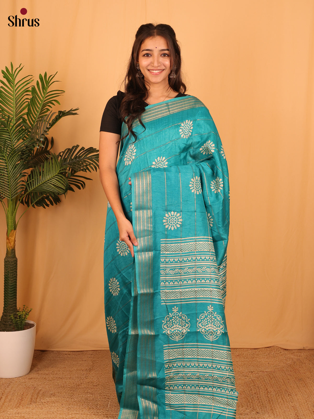 Teal - Semi Crepe Saree