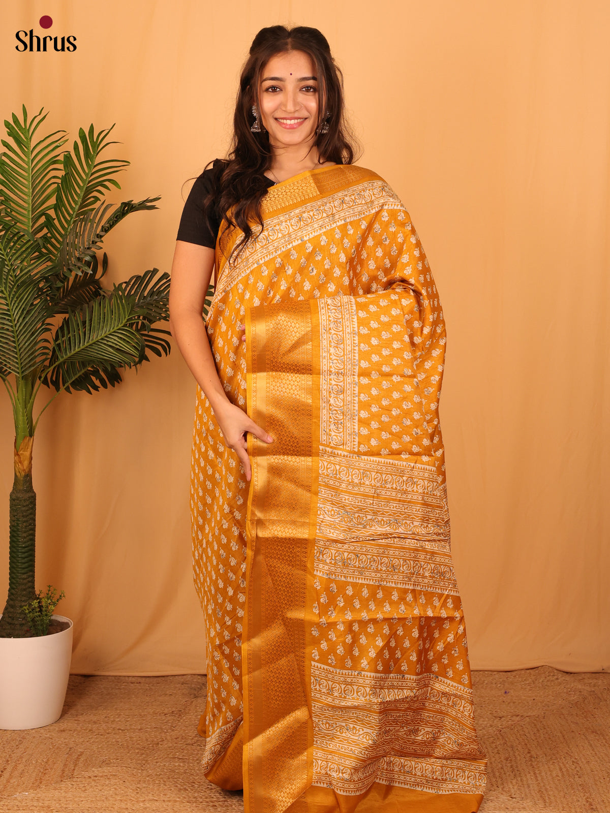 Mustard - Semi Crepe Saree