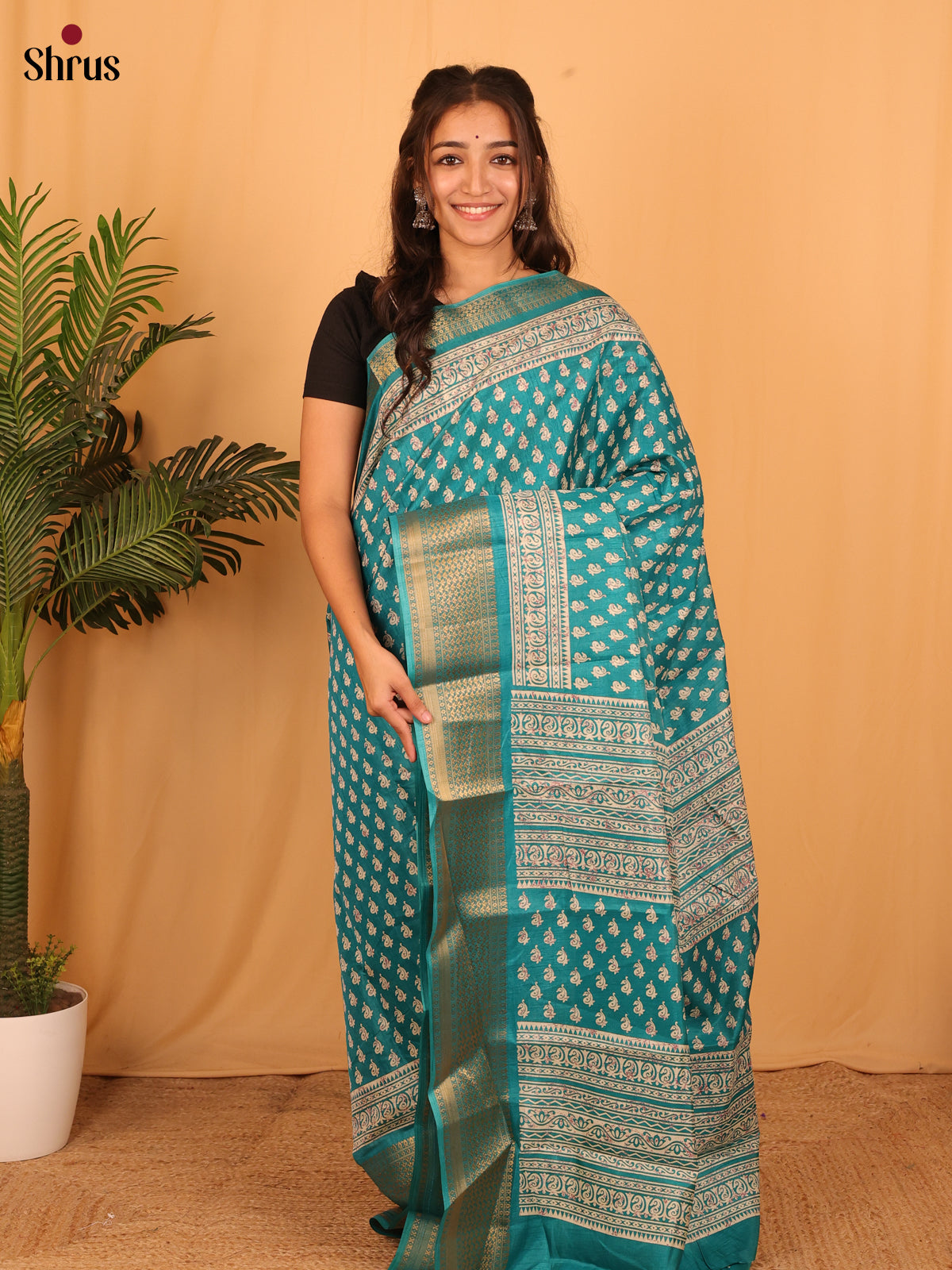 Teal - Semi Crepe Saree