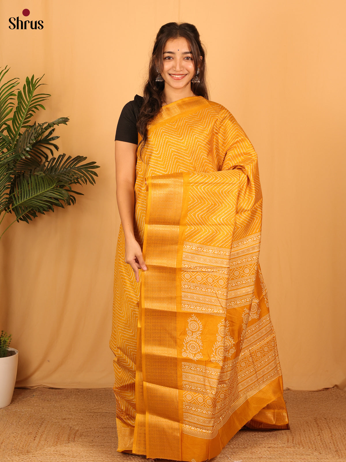 Mustard - Semi Crepe Saree