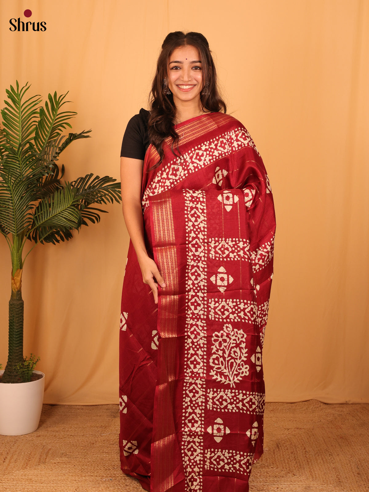 Maroon - Semi Crepe Saree