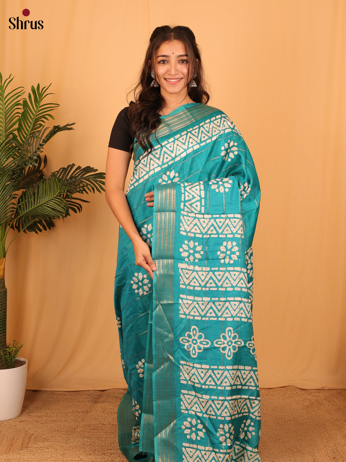 Teal - Semi Crepe Saree