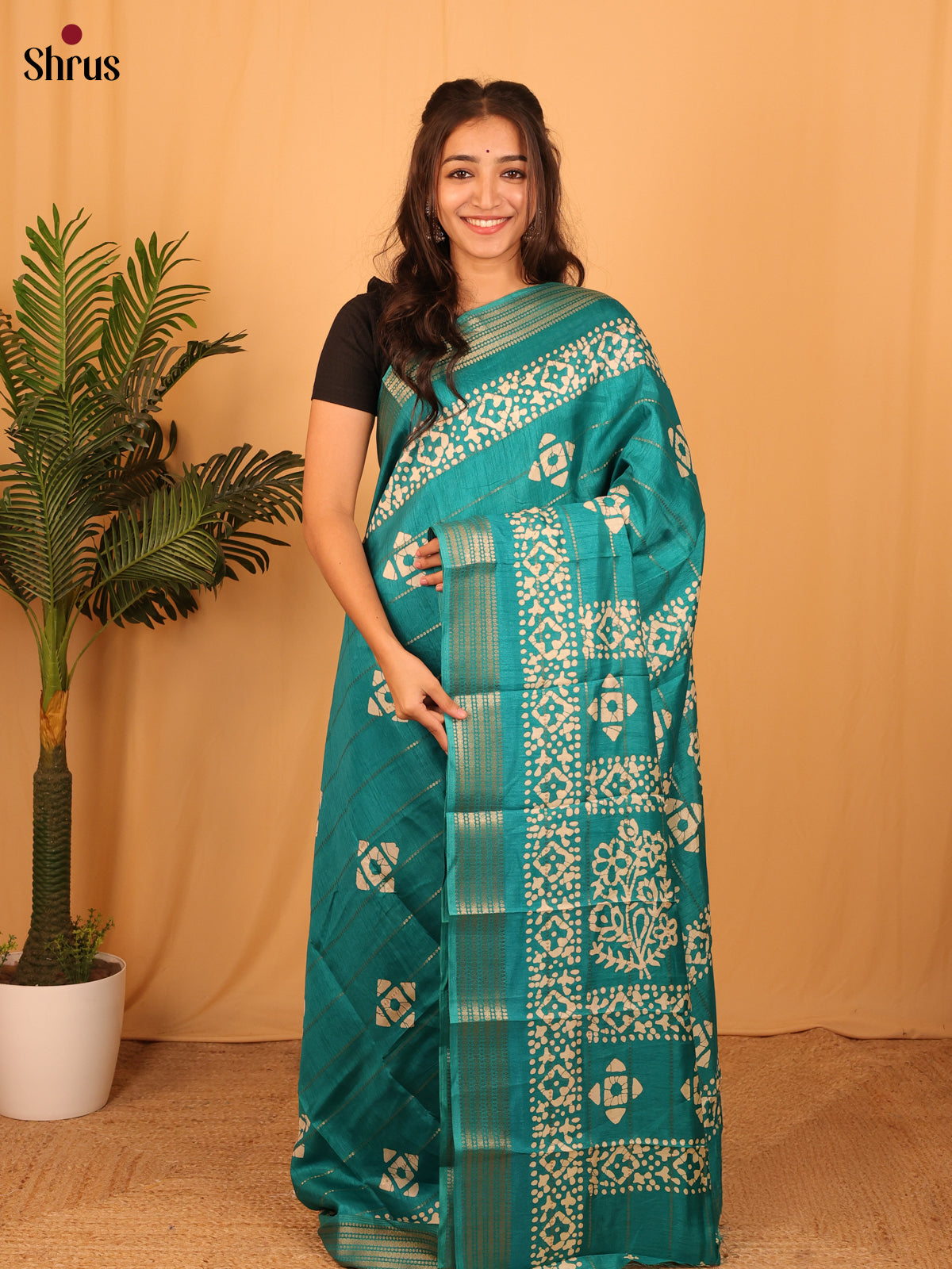 Teal - Semi Crepe Saree