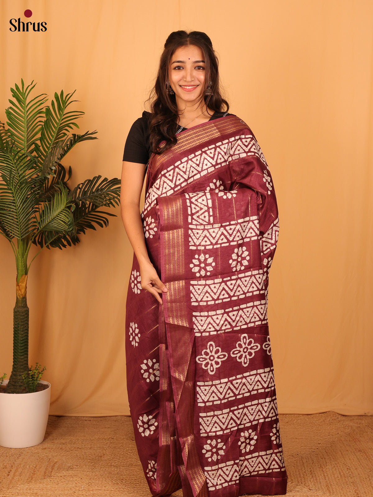 Brown - Semi Crepe Saree