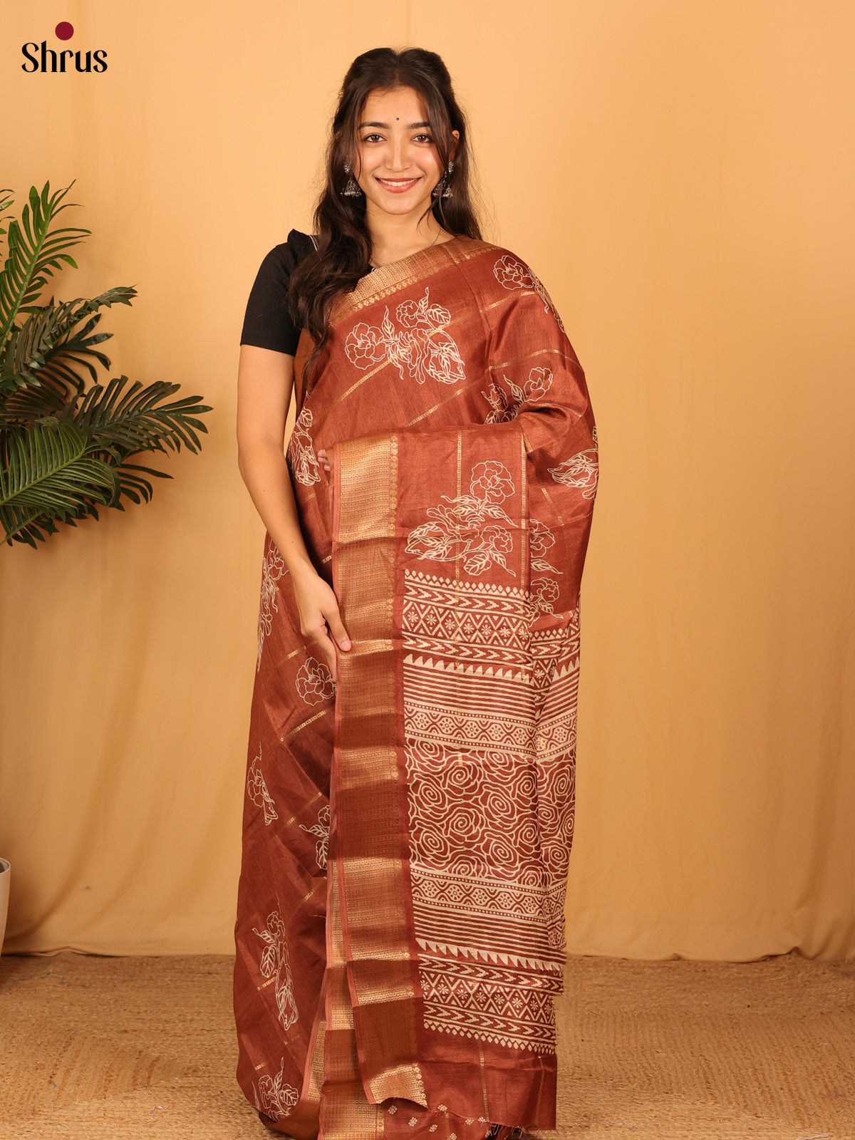 Brown - Semi Crepe Saree