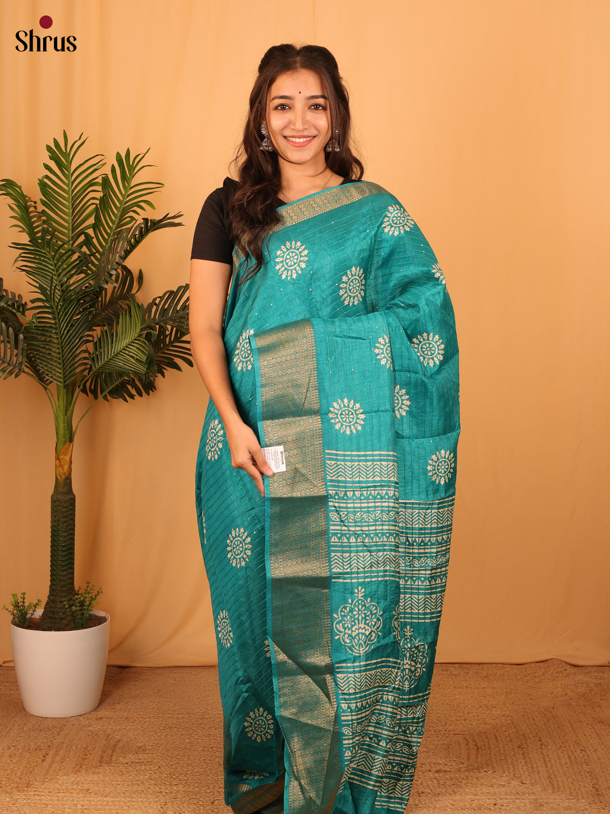 Teal - Semi Crepe Saree