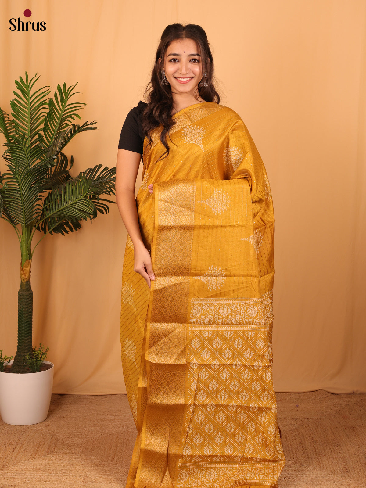 Mustard - Semi Crepe Saree