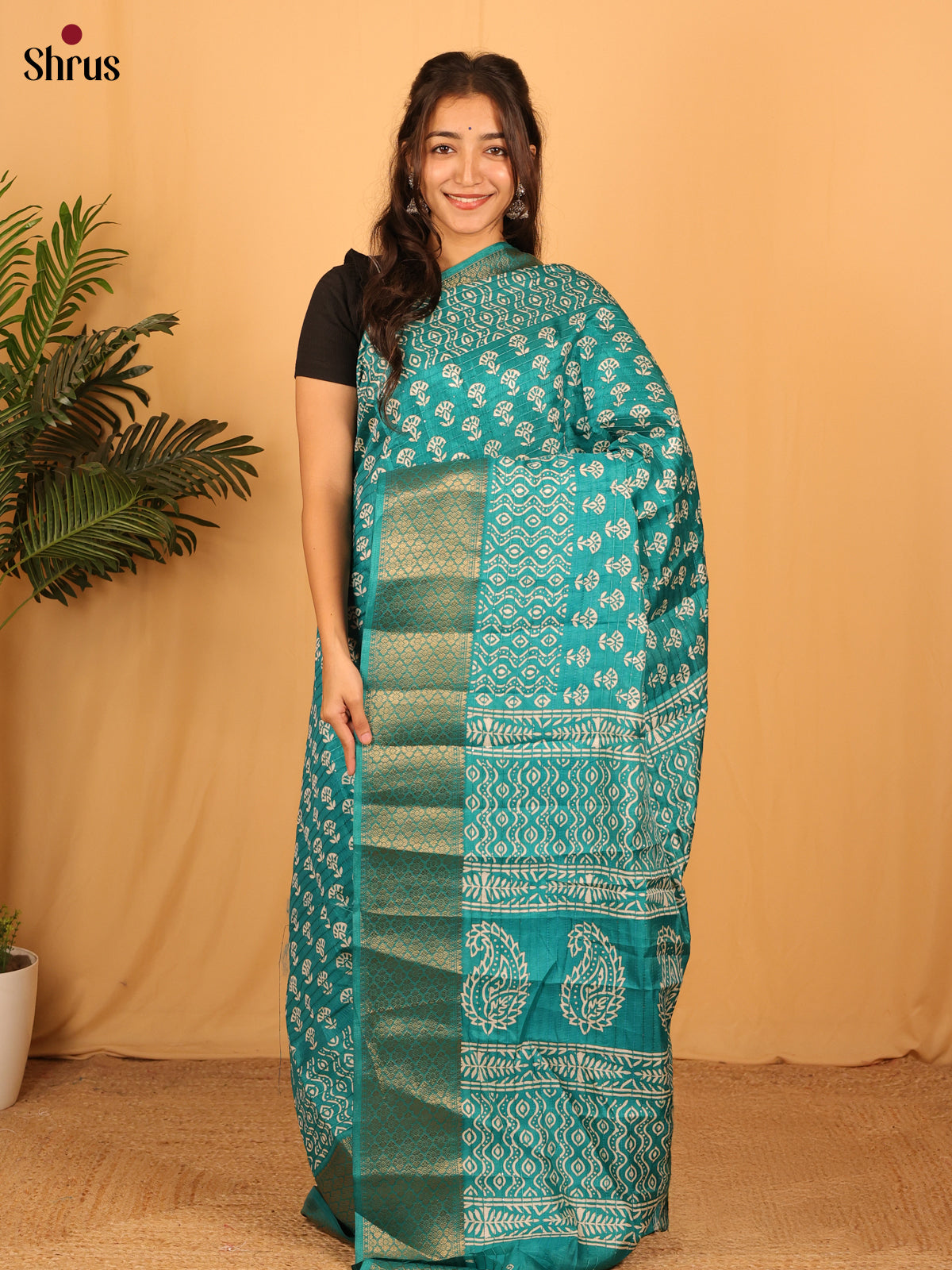 Teal - Semi Crepe Saree - Shop on Shrus.com