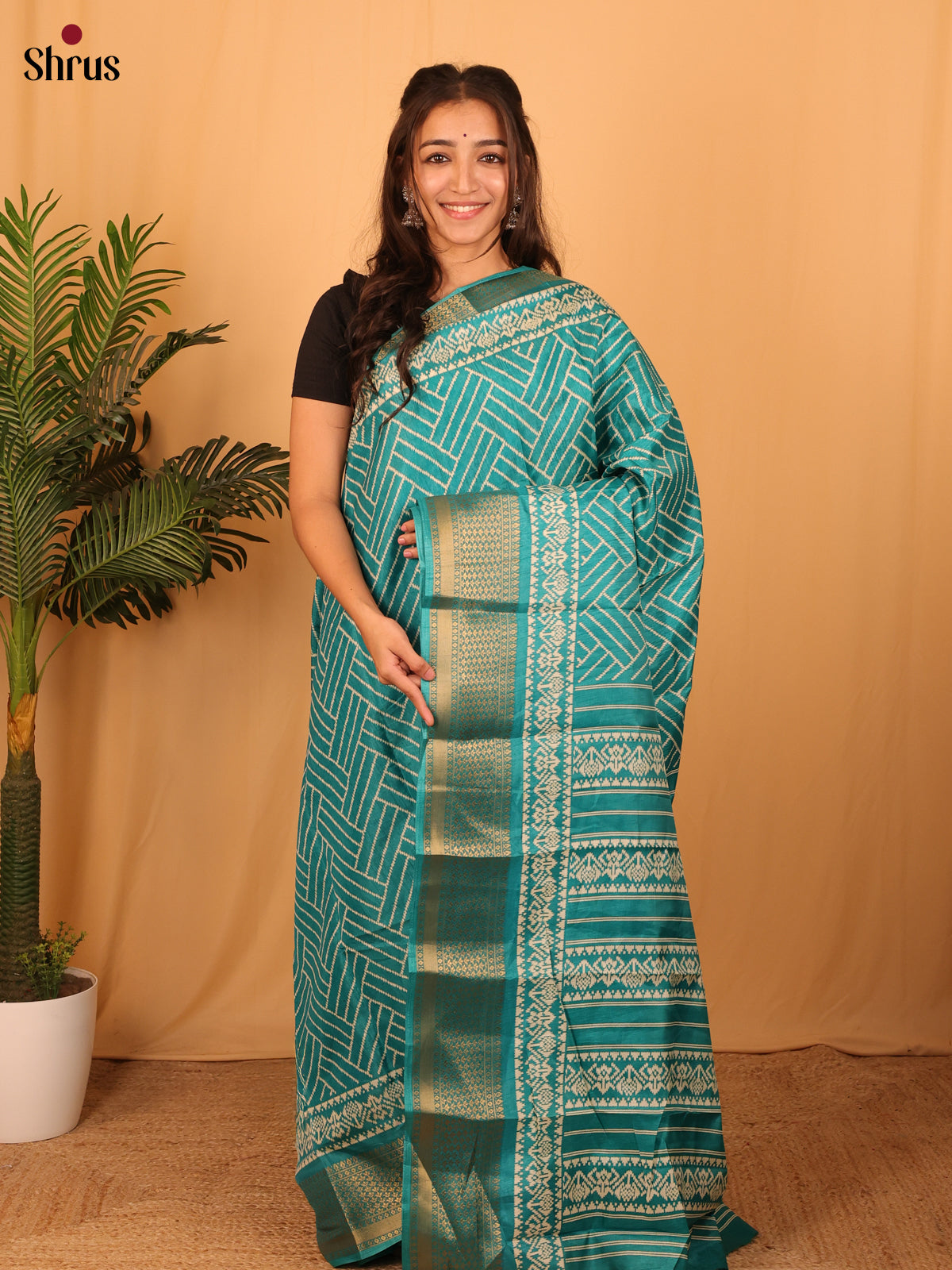 Teal Green - Semi Crepe Saree